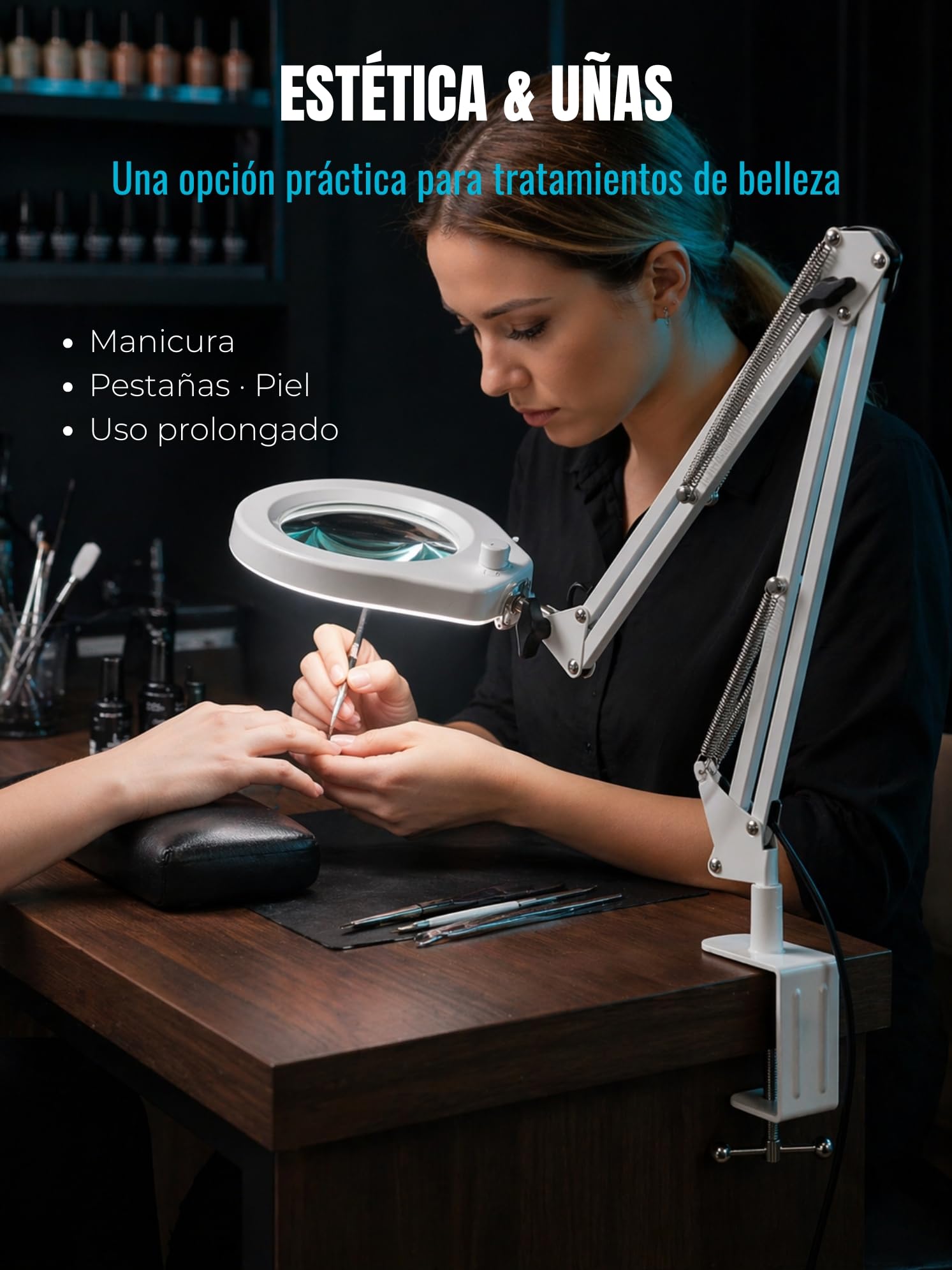 Lámpara de Aumento con Cristal de 5 dioptrías, Abrazadera de Acero de 6,4 cm, LED Regulables, Brazo Giratorio de 90 cm, diseño de Confort óptimo para esteticistas, Aficionados y Artesanos