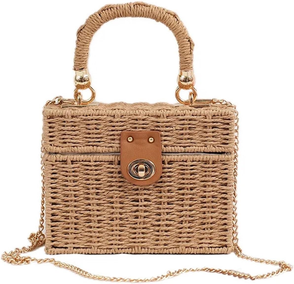 Handmade bag New rattan black straw Shoulder Bag Women hand-woven Messenger Bag Summer Beach Square box Straw Handbag For lady Bolsa Feminina Hand-made straw bag (Color : Dark brown, Size : 19X14X8.