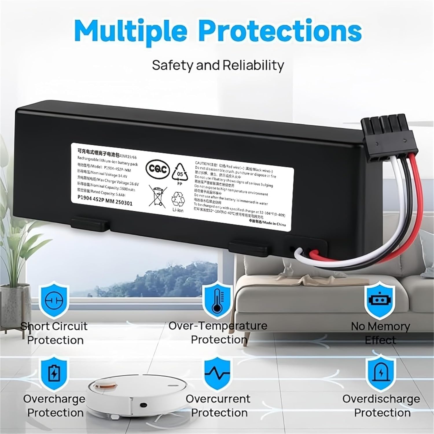 5600mAh 14.4V Battery,Compatible For Xiaomi, Mop, Mop 2s, Mop Pro,Compatible For Conga, 3290 3390 STYTJ02YM,Compatible For Xiaomi, Robot Vacumm(14.4v 2600mAh 1pcs)