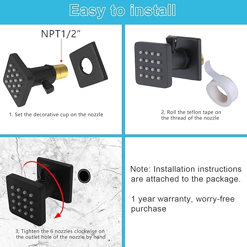 Miniatura 83 de Chorros de ducha cuadrados de oro cepillado con control de flujo y giratorio, chorros de masaje de agua ajustables de latón macizo, montaje en pared