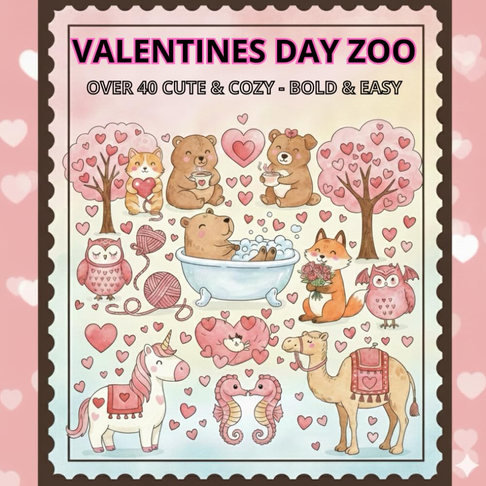 Valentines Day Zoo Cute & Cozy - Bold & Easy: Love, Hugs, and Happy Animals - A Cute Coloring Book for Kids