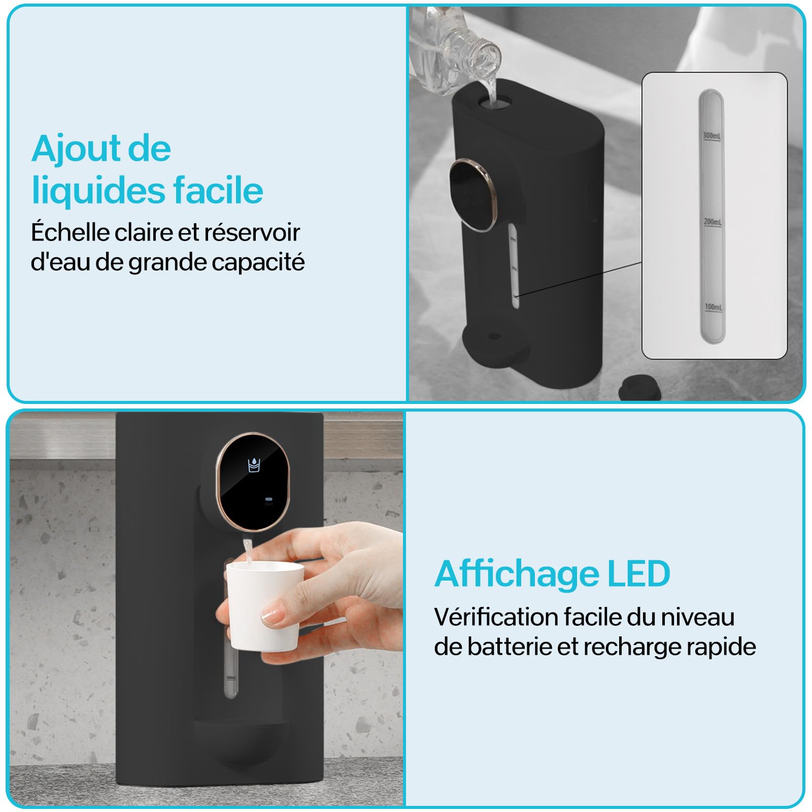 Distributeur Automatique Bain De Bouche Sans Contact Mural - 3 Volumes, Rechargeable USB-C, Avec 2 Gobelets Magnétiques (noir) - 2