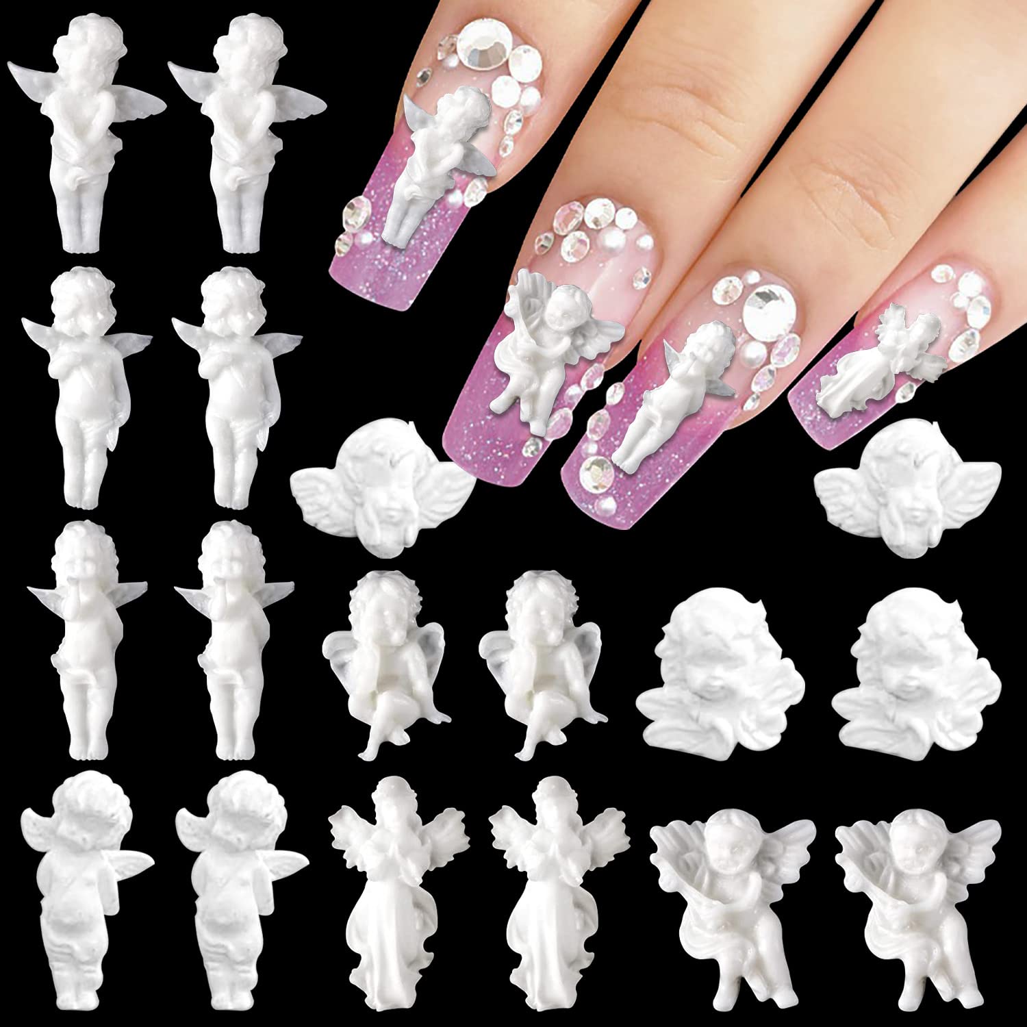 a♡nailparts Amazon.com: WOKOTO 90PCS White Embossed Angel Nail Charms For
