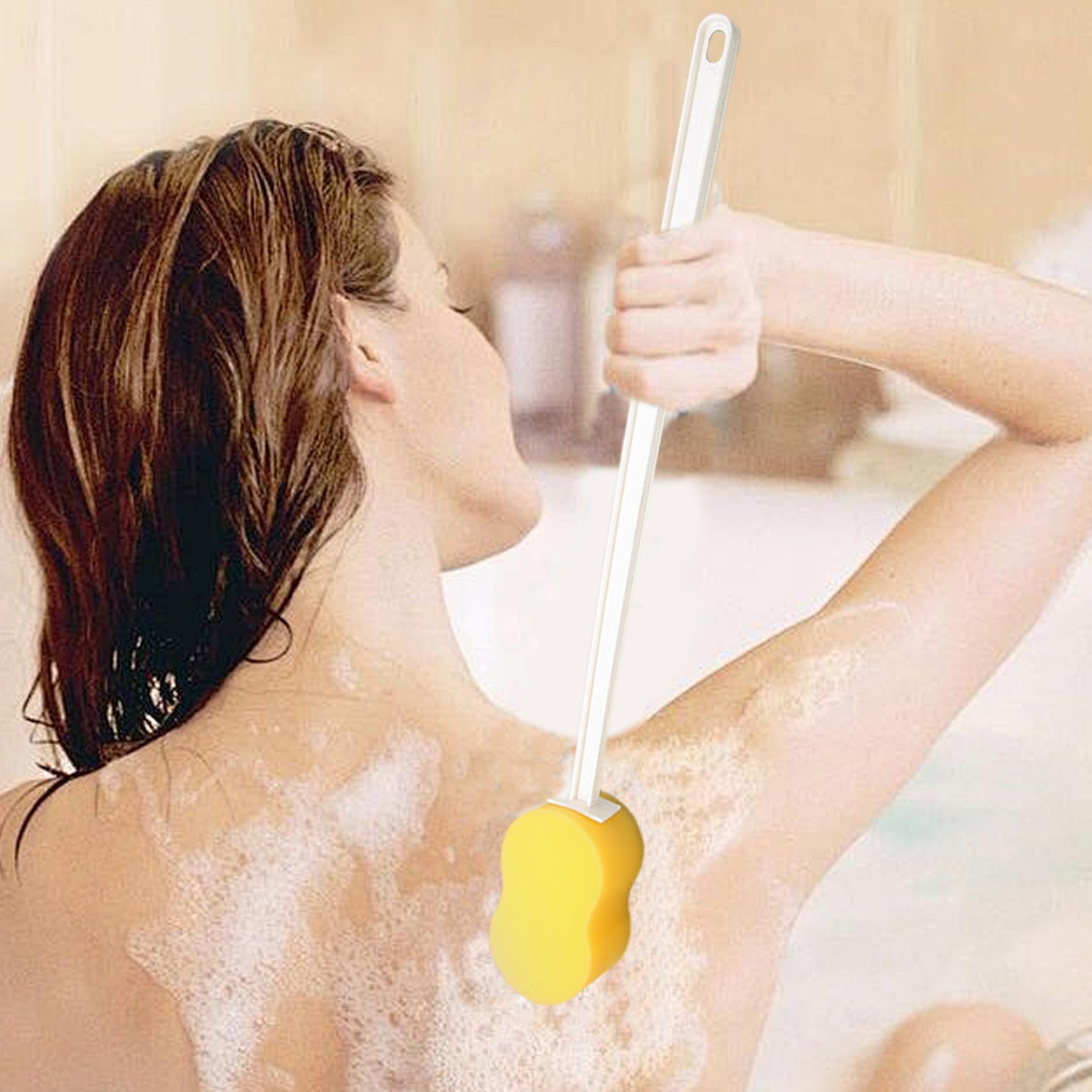 Esponja de mango largo para ducha 4 esponjas de mango largo en forma de 8 de 22 pulgadas con orificio para colgar Ducha amarilla y azul para limpieza de espalda, brazos y cuerpo.
