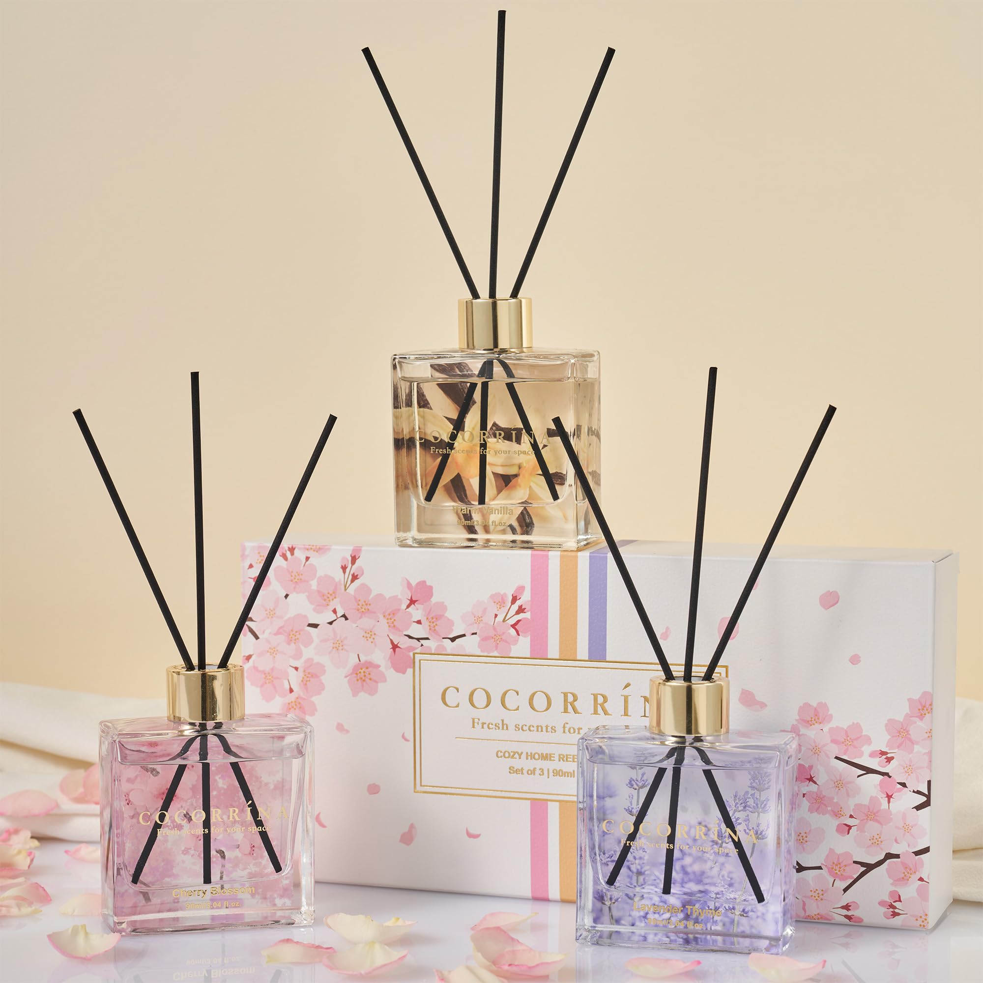 COCORRÍNA Schilfrohr-Diffusor-Set, 3 Stück, 3 Stück / 3,04 Fl.oz Diffusor mit 24 Stäbchen, warme Vanille/Kirschblüte/Lavendel Thymian Schilfrohr-Diffusor für Zuhause, Badezimmer, Büro,