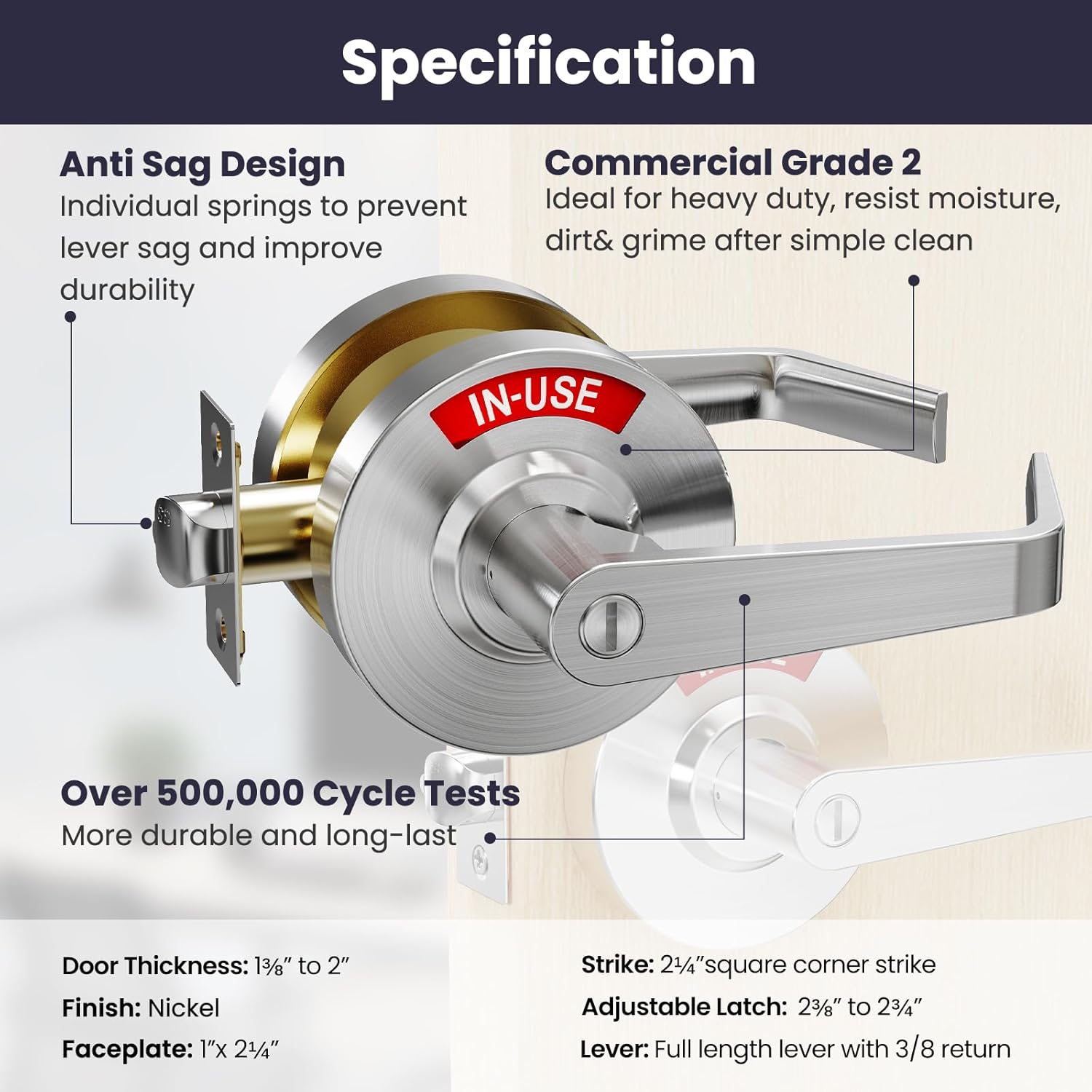 2Kits Vacant Occupied Bathroom Lock, Commercial Door Handle, Occupied Door Handle with Indicator, for Restroom, Store, Hospital and Office, Privacy Door Lever（Large 90mm）