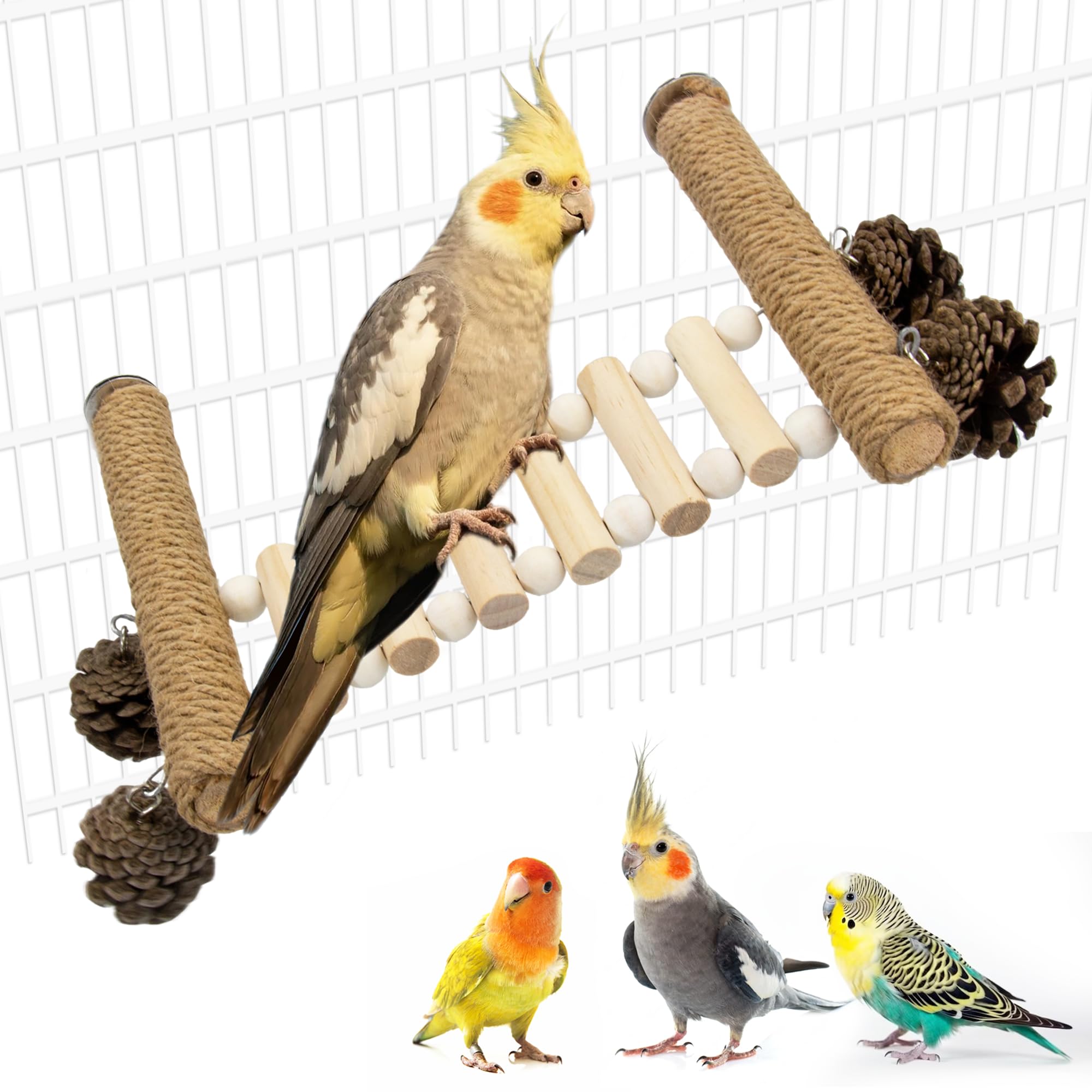Jevnd Heavy-Duty Wood Bird Ladder Platform, Edible Bird Perches for Cage with Pinecones Chew Toys, Natural Hanging Parrot Perch Bridge, Climbing Play Stand for Parakeet Conure Cockatiel Budgie Quaker