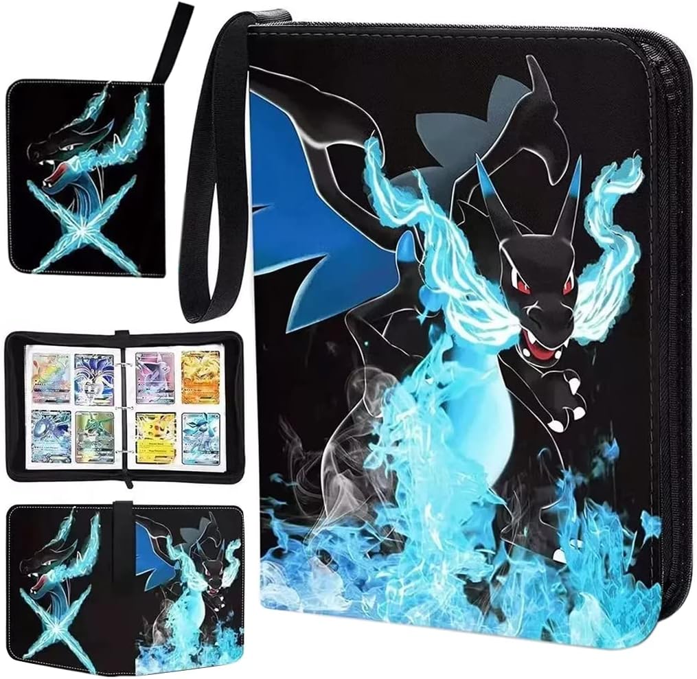 Poke-mon Binder, Poke-mon Cards Album for 400 Card Cartoon Prints Zipper Bag Trading Card Binder Collection Cards Pack Bag Game Card Case Gift for Kids -Charizard X