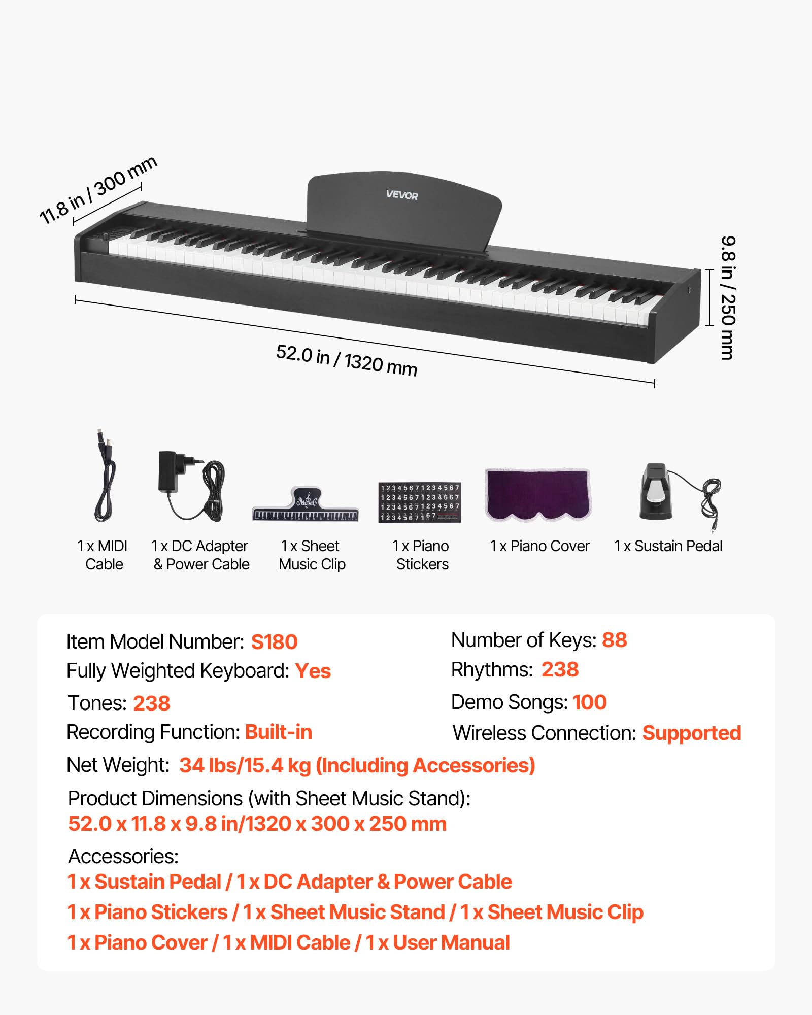 VEVOR Piano Digital de 88 Teclas Contrapesadas, Modo de Teclado Dual, Altavoces, Pedal de Sustain, Función de Grabación, 238 Tonos, Conexión Inalámbrica, para Principiantes, Negro, sin Soporte