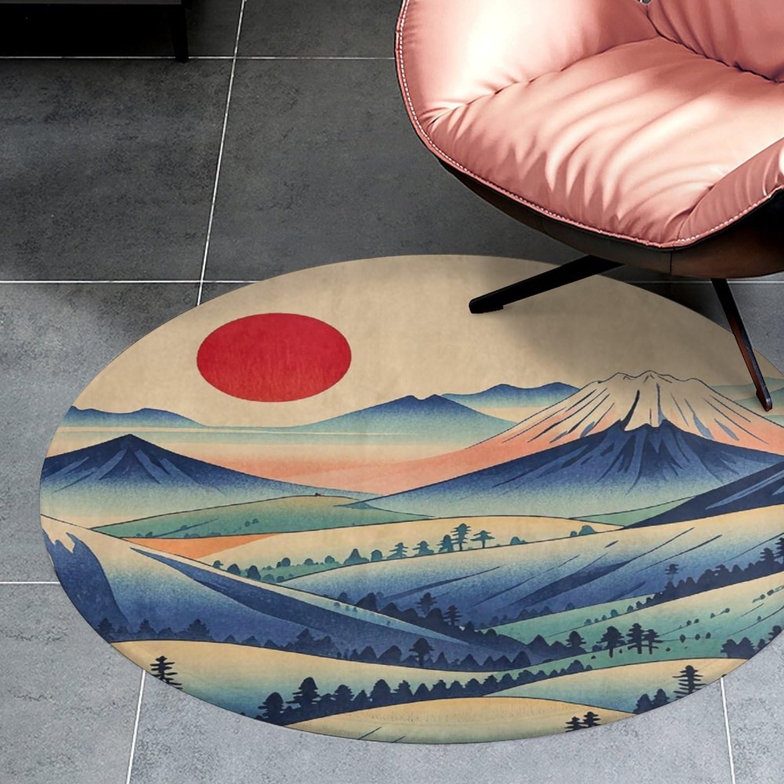 Tapis de sol pour chambre avec motif montagne et soleil rouge zen