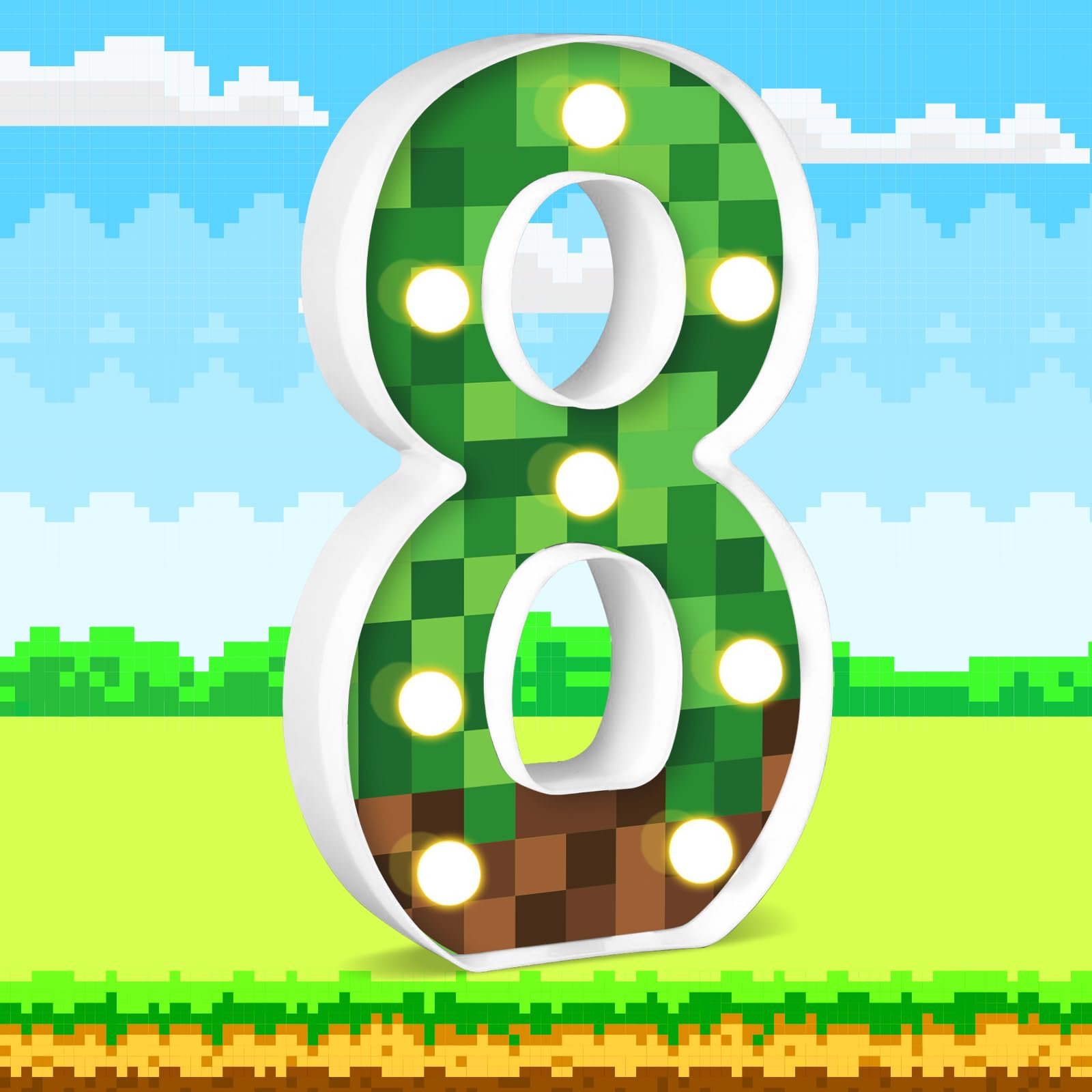 8.5" Pixel Game Light up Numbers Pixel Game Birthday Decorations Happy Birthday Light up Sign Pixel Pattern Game Theme Night Light Pixel Party Supplies Table Centerpieces (Number 8)