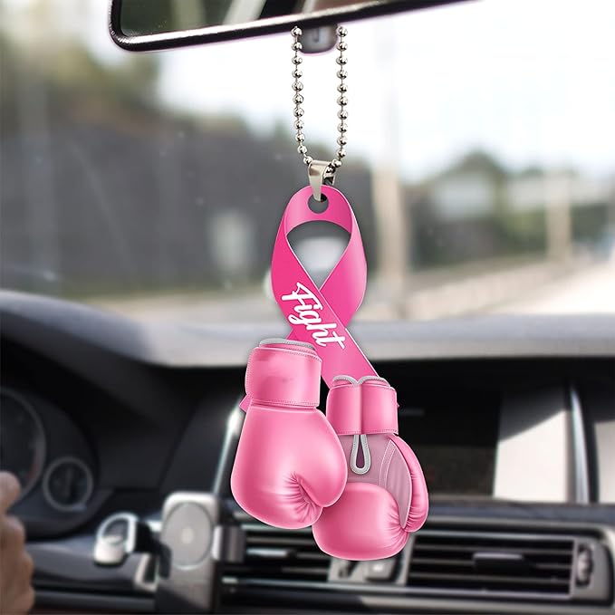 Talataca Breast Cancer Awareness Pink Fight Ribbon Survivor Girl Women 2D Flat Car Rear View Mirror Accessories Christmas Tree Ornament Decoration Hanging Charm Interior Rearview Pendant Decor Gift