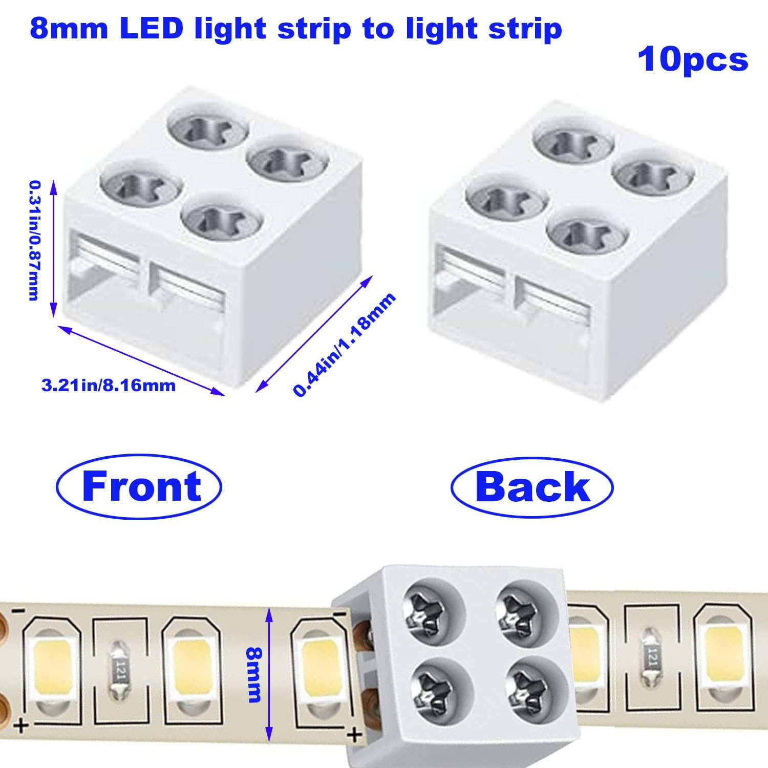 RUNCCI-YUN 10Pcs 2pin 8mm LED Light Strips Connector for 5V 12V 24V Single Color LED Strip Lights, White - Image 2