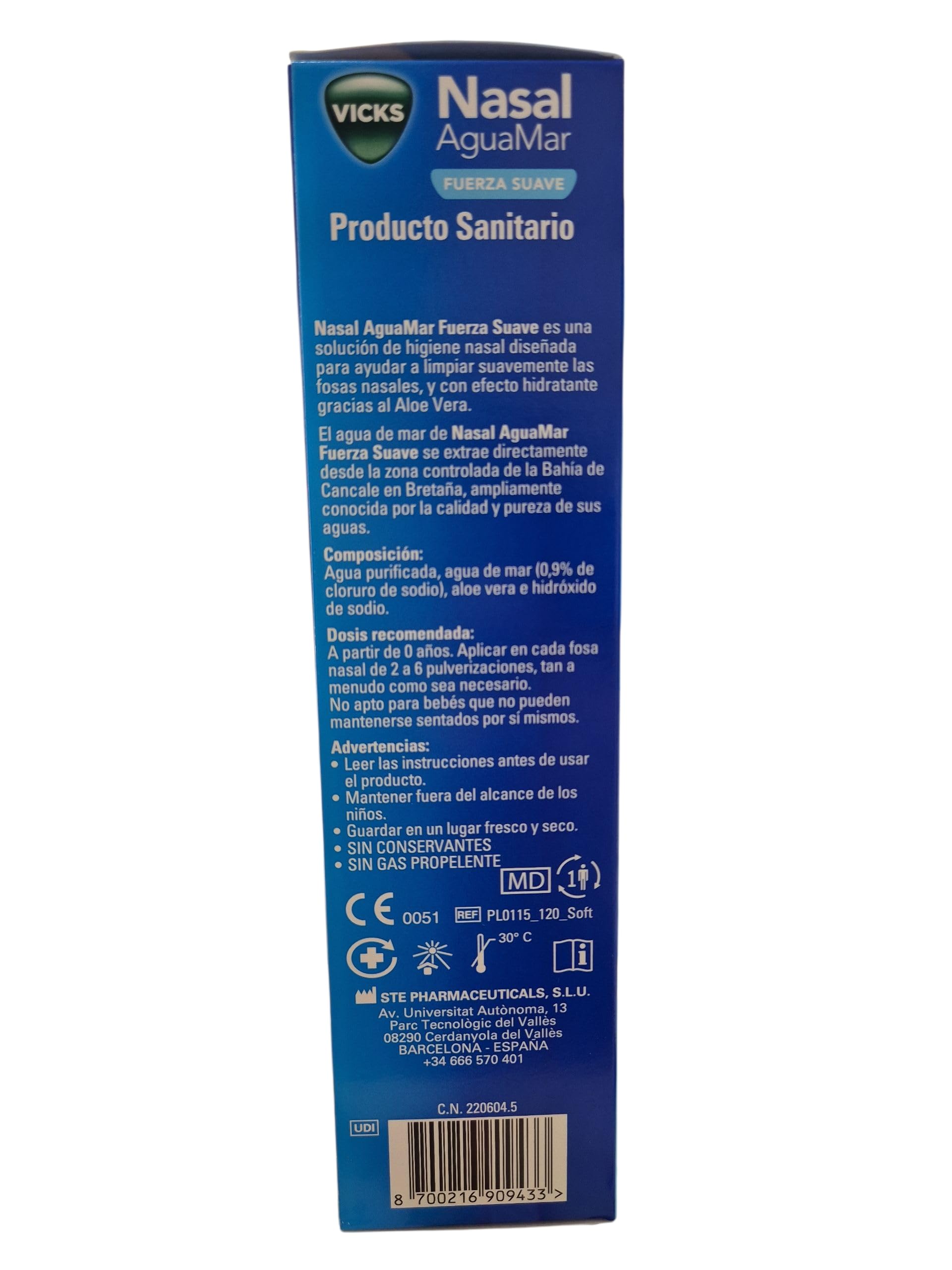 Vicks Spray Nasal AguaMar Fuerza Suave - Acción 3 en 1: Limpia, Elimina Mucosidad e Hidrata – Con Agua de Mar Isotónica y Aloe Vera– Apto a Partir de 0 Años – 120 ml