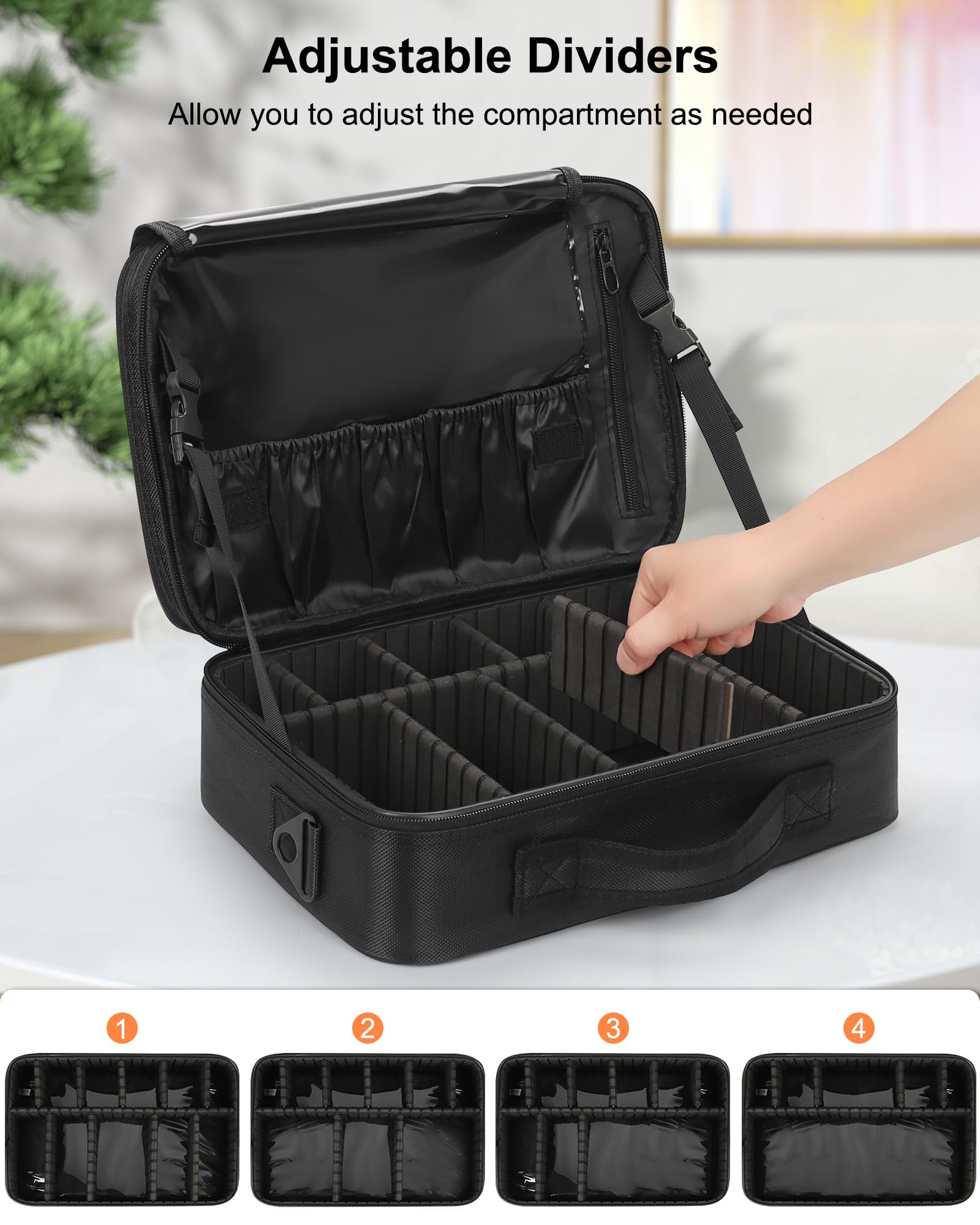 Reise-Make-up-Koffer, Make-up-Kosmetik-Organizer, tragbare Künstleraufbewahrungstasche mit verstellbaren Trennwänden für Kosmetik, Make-up, Pinsel, Toilettenartikel (schwarze Farbe Medium)