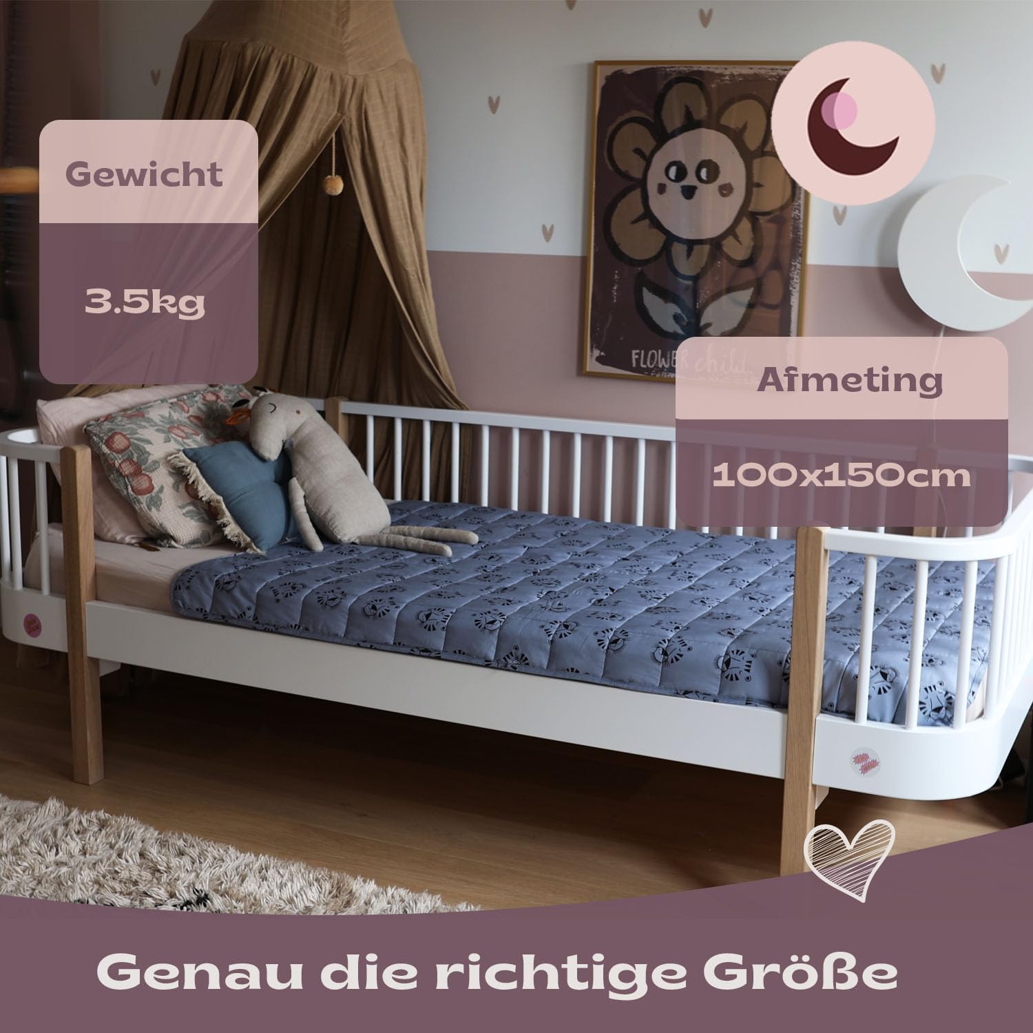 Gewichtsdecke Kinder 3,5 kg 100x150 cm Oeko-TEX Zertifiziert Baumwoll-Oberfläche Design Tigergesicht Blau