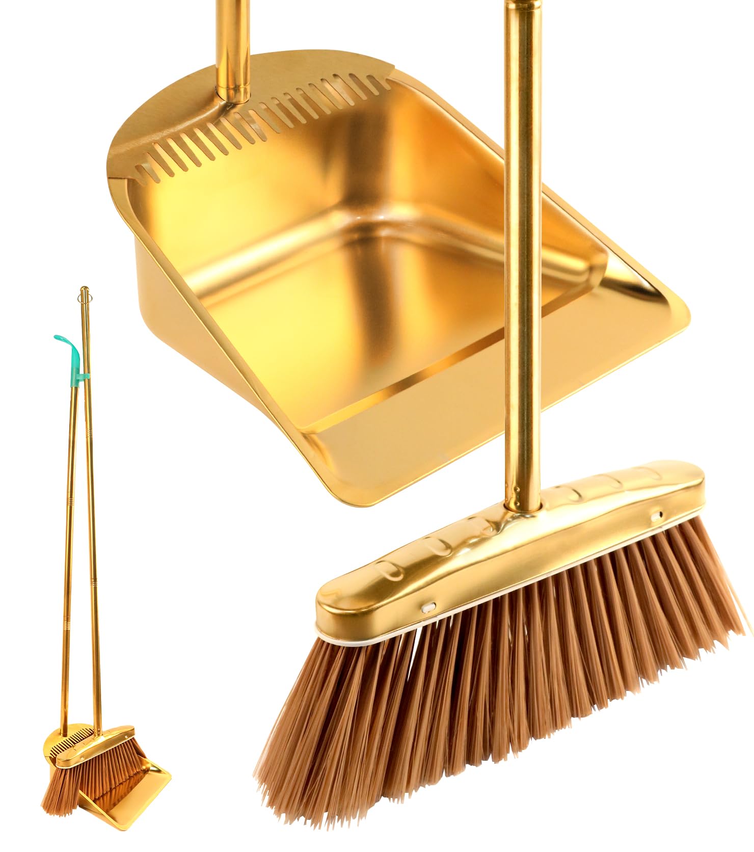 Photo 1 of Gold Stainless Steel Broom and Dustpan Set, 2-Piece Long Handle Standing Pan with Comb Teeth, Heavy Duty Windproof Upright Design for Home, Kitchen, Indoor Outdoor Use