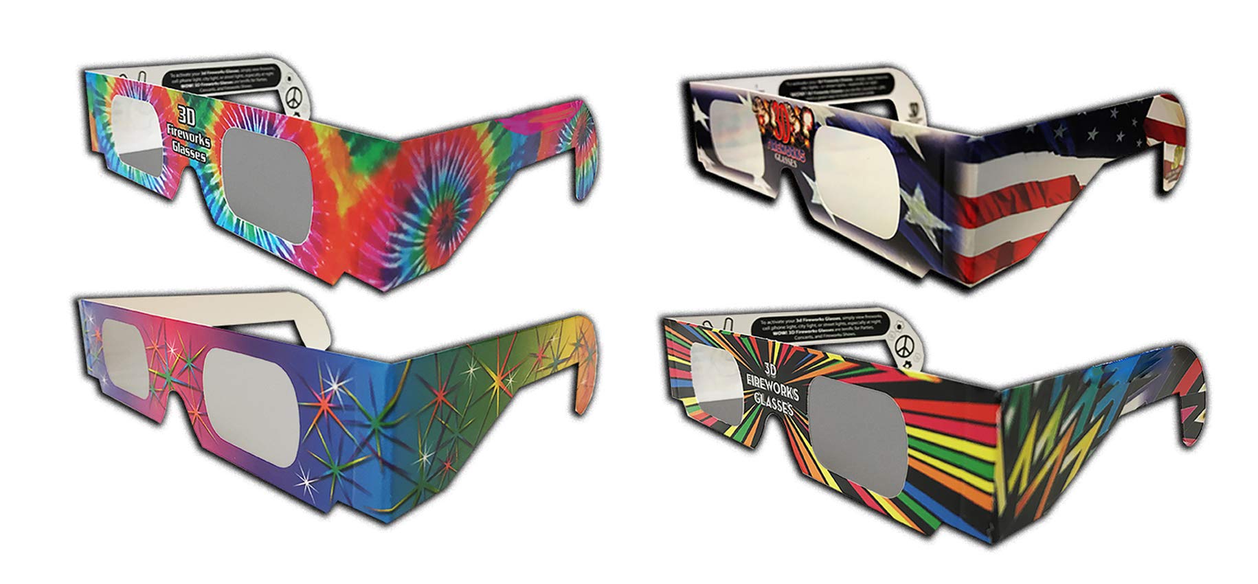 Fireworks 3D Glasses - 12 Pairs, Patriotics, Groovy, Starburst, Deco - 4 Styles for 4th of July
