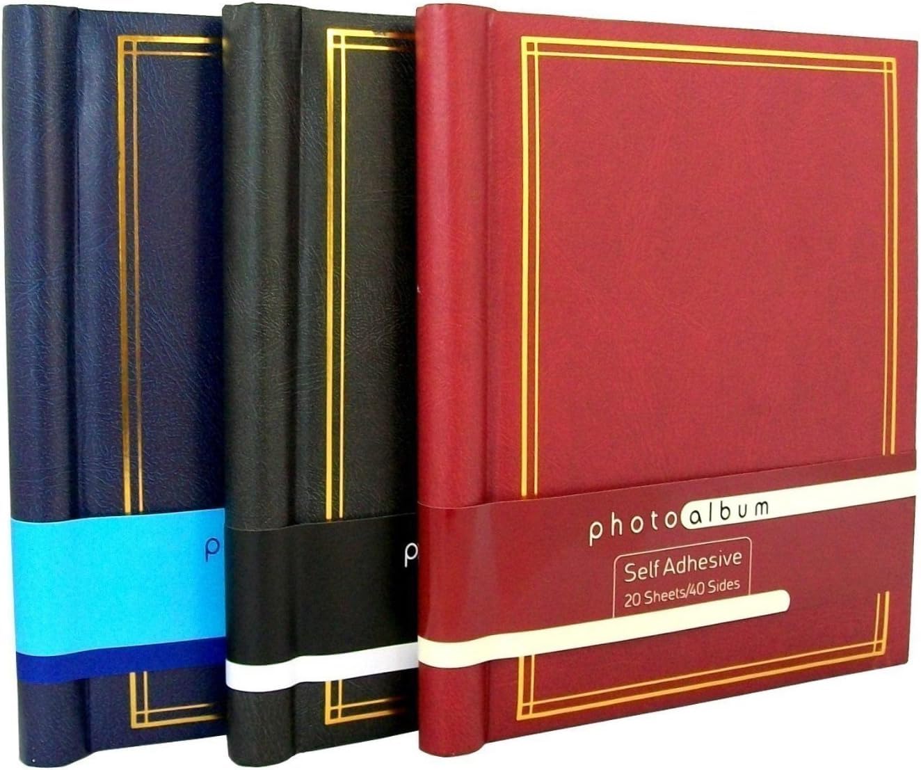 Self-Adhesive Photo Albums with 20 Sheets/40 Sides each, Black/Red/Blue, Large, Pack of 3