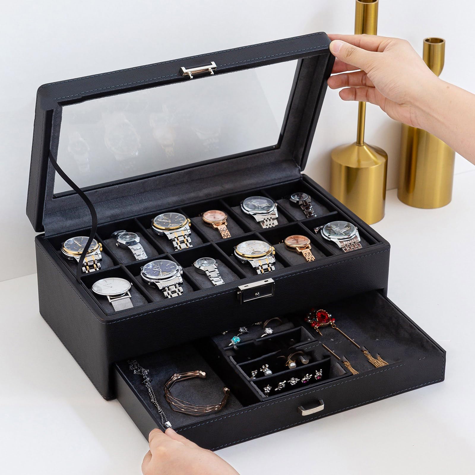 Pratica valigetta per gli organizzatori di orologi con cassetto stabile imbottito ed estraibile, portatile per la conservazione dei gioielli in pelle