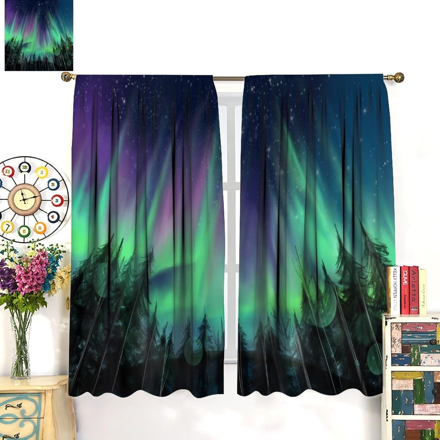 Northern Lights Forest Curtains Aurora Borealis Night Sky Blackout Rod Pocket Curtains for Bedroom Living Room Kitchen Decor Thermal Insulated Window Drapes 2 Panel Set 42x45 Inch