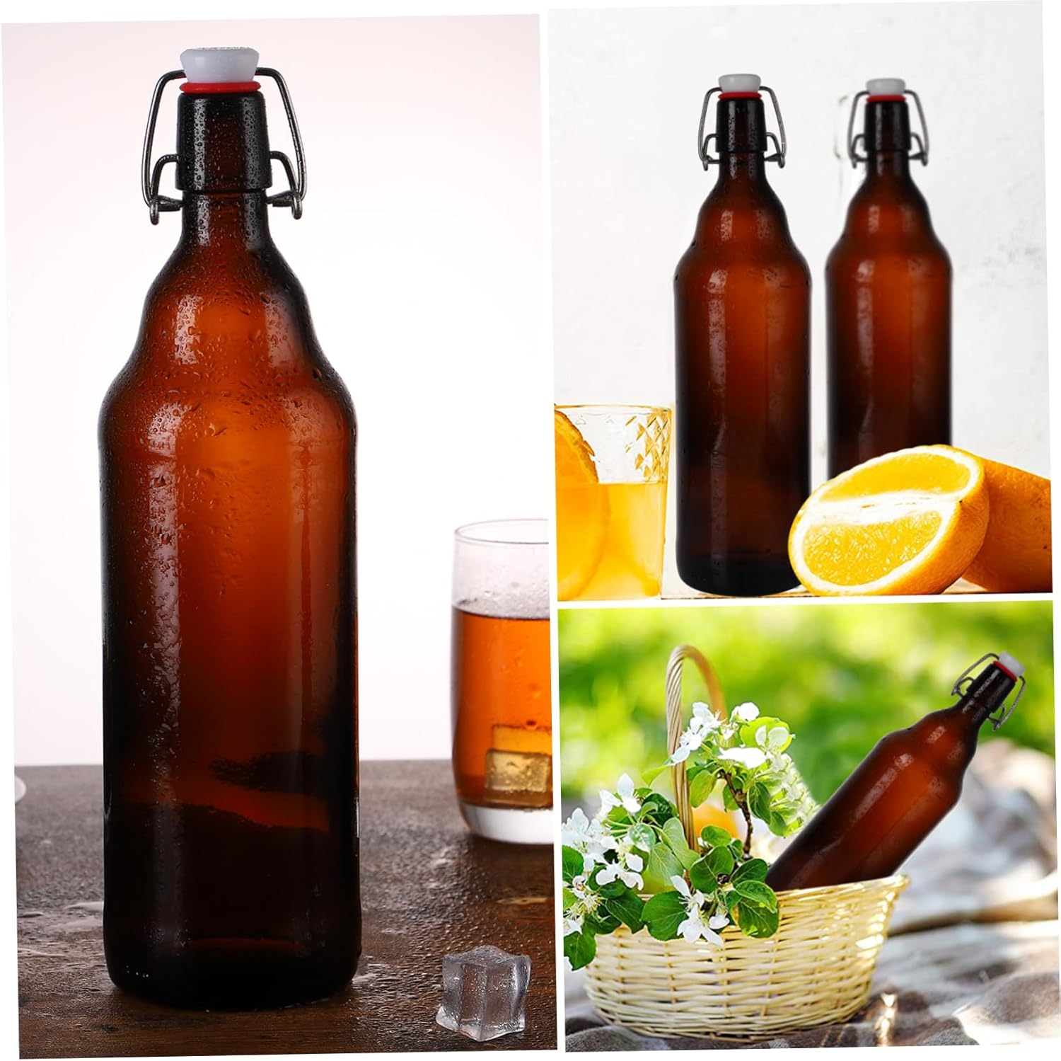 Mobestech 2Pcs Practical Glass Beverage Bottles with Buckle Clasp Sealing Containers for Beer Storage Cold Drinks and Home Brewing