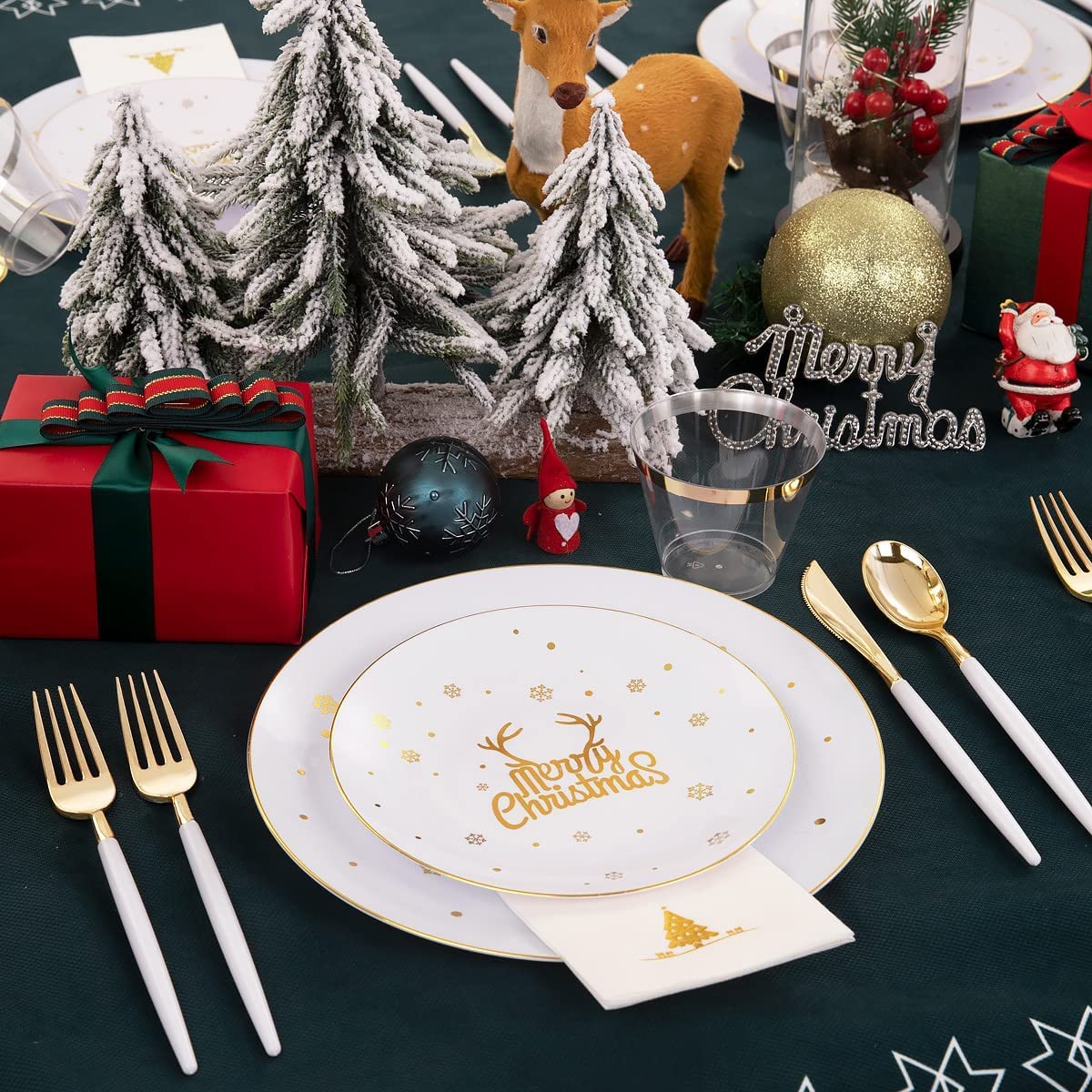 KAHEIGN 175 Pièces Réutilisable Vaisselle de Noël en Plastique Blanc Bordée D'or - 25 Assiettes Plates, 25 Assiettes Salade, 25 Couteaux, 25 Fourchettes, 25 Cuillères, 25 Serviettes pour 25 Invités