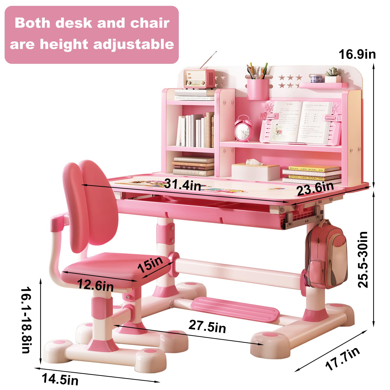 ohfruit [Einfach zu montierendes, höhenverstellbares Kinder-Schreibtisch- und Stuhl-Set, ergonomischer Lerntisch mit Sitzkorrektur, Fußpedal, geräumiger Lerntisch für Kinder, ideal für Hausaufgaben