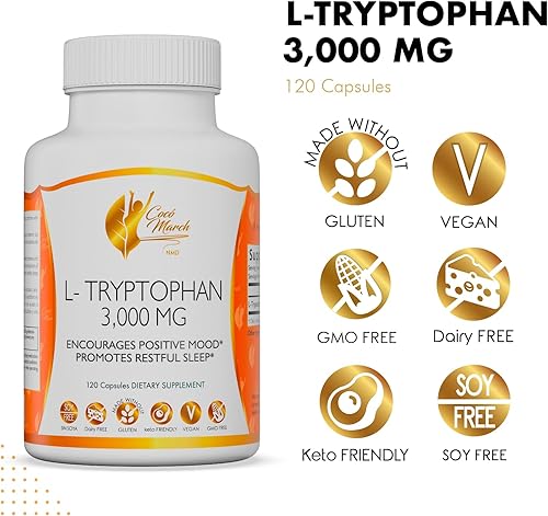 Miniatura 2 de Cocó March N.M.D L-triptófano Sleep Aid 500 mg, sin gluten, vegano, sin OMG, sin lácteos, apto para dieta cetogénica, sin soja, 30 porciones