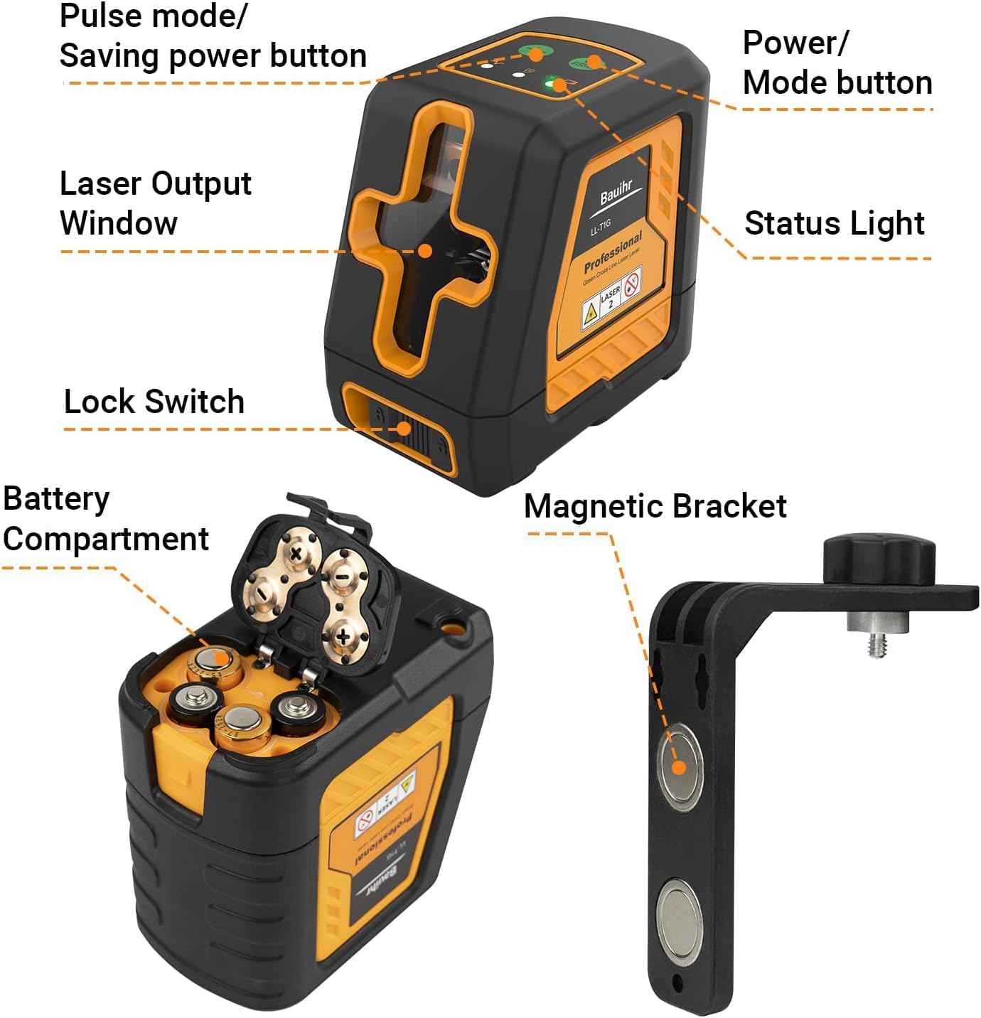 Laser Level, Bauihr 30M Green Beam Cross Lazer Level with Manual/Self Leveling Mode, Switchable Horizontal/Vertical Lines Laser Level with 360° Flexible Magnetic Base, Bag and 4x AA Batteries Included