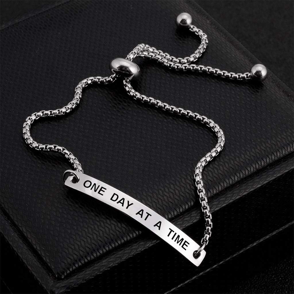 SOUSYOKYOSAM One Day at a Time Recovery Quote Hand Stamped Cuff Bracelet for Women Inspirational Jewelry Gift - Image 2