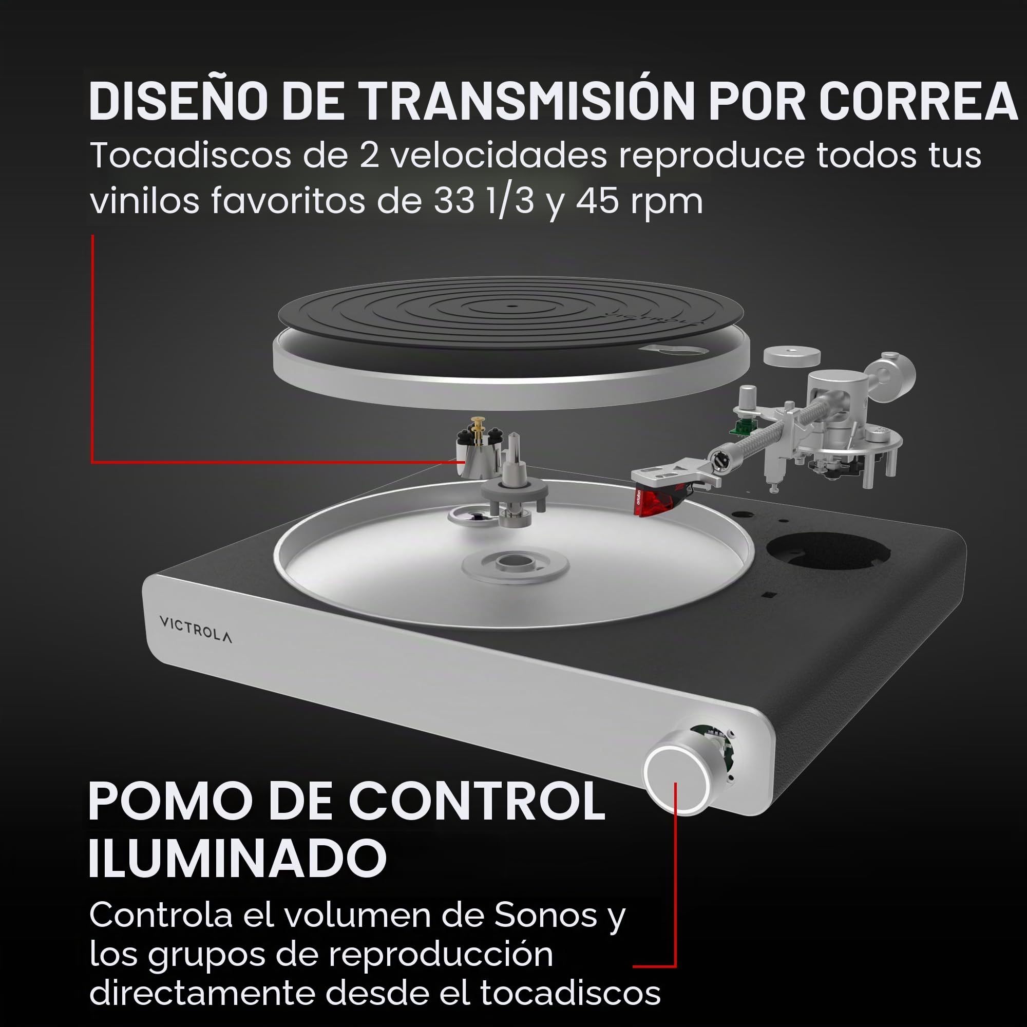 Victrola Stream Carbon – Tocadiscos Wi-Fi de 2 velocidades con Bluetooth, Compatible con Sonos, UPnP, Roon Ready, cápsula Ortofon 2M Red y Brazo de Fibra de Carbono (Negro)