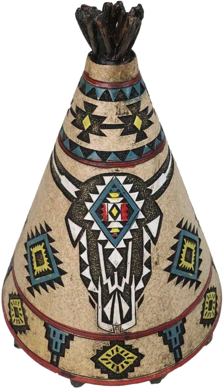 Ebros Gift Rustic Southwestern Tribal Native Indian Chief Cow Skull with Headdress and Aztec Vector Symbols Teepee Hut Money Coin Savings Piggy Bank Decorative Figurine