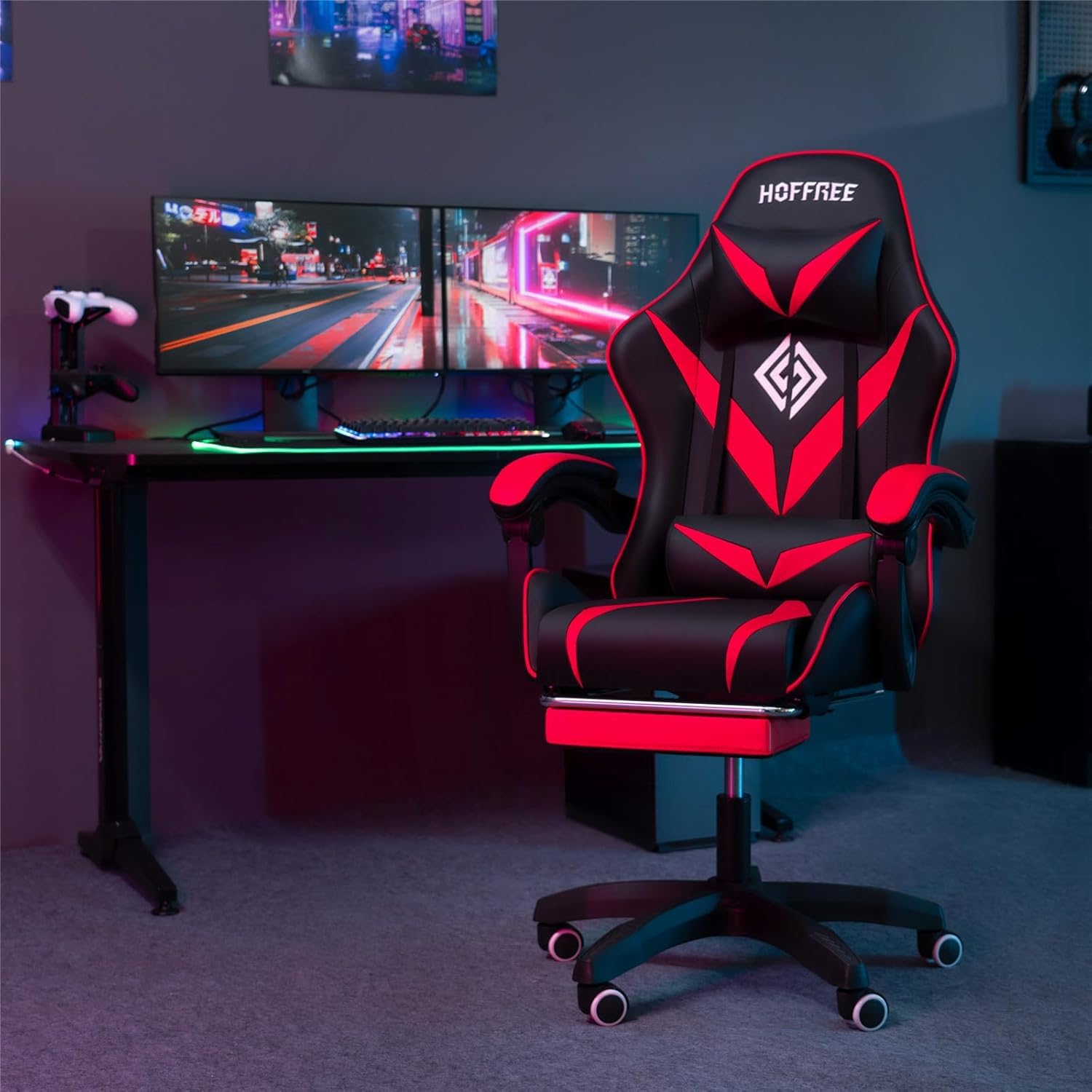 VANSPACE Gaming Chair with Massager and Footrests Gaming Chair Gaming Chair Ergonomic Office Chair with Lumbar Support Reclining Backrest for Boy Girl White+Pink