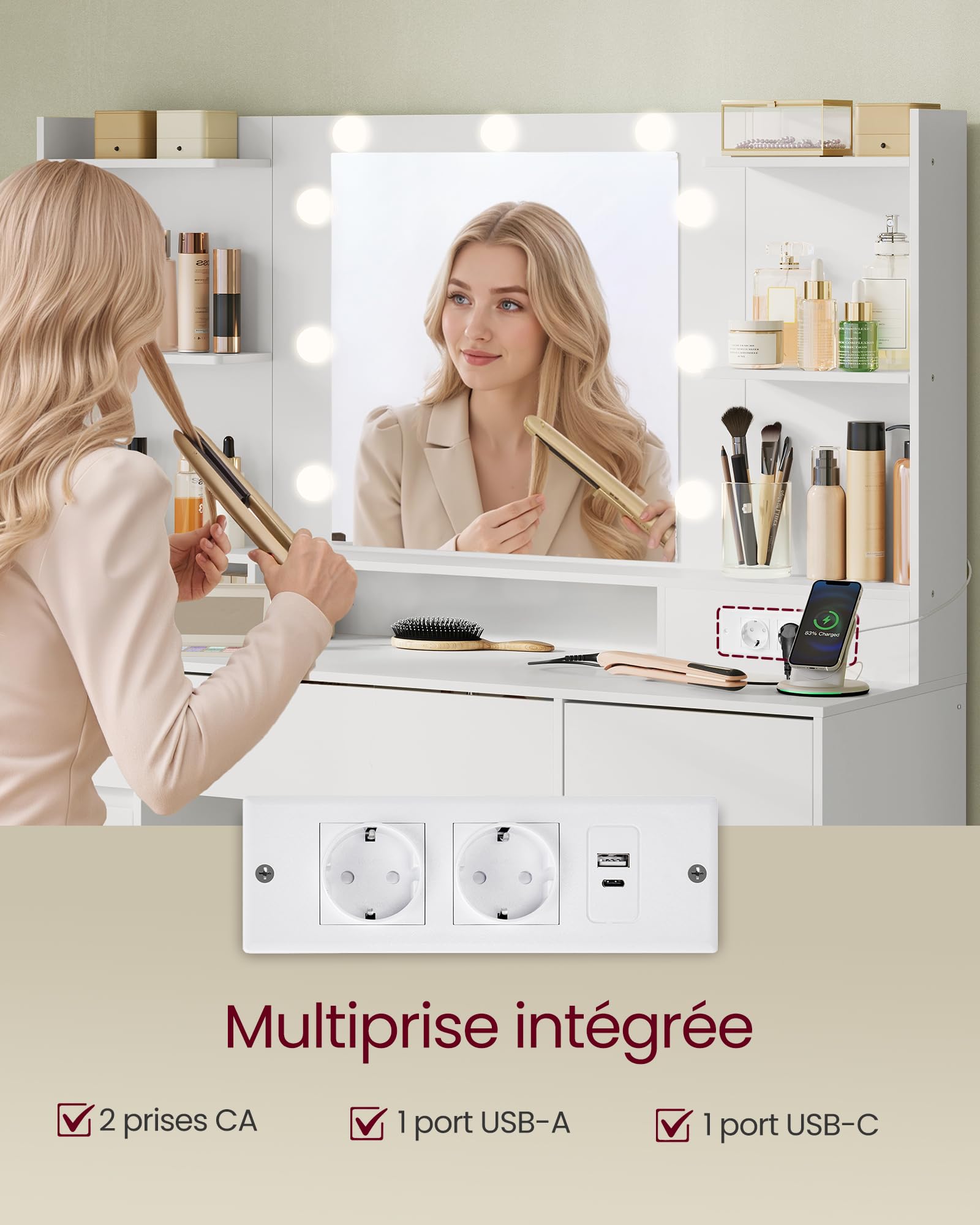 VASAGLE Kailyn Collection - Coiffeuse avec Miroir LED, Multiprise, 9 Tiroirs, 9 Ampoules, Rangement Bijoux, Éclairage 3 Couleurs, Installation des Rails sans Outils, Blanc Nuage RDT141WB02