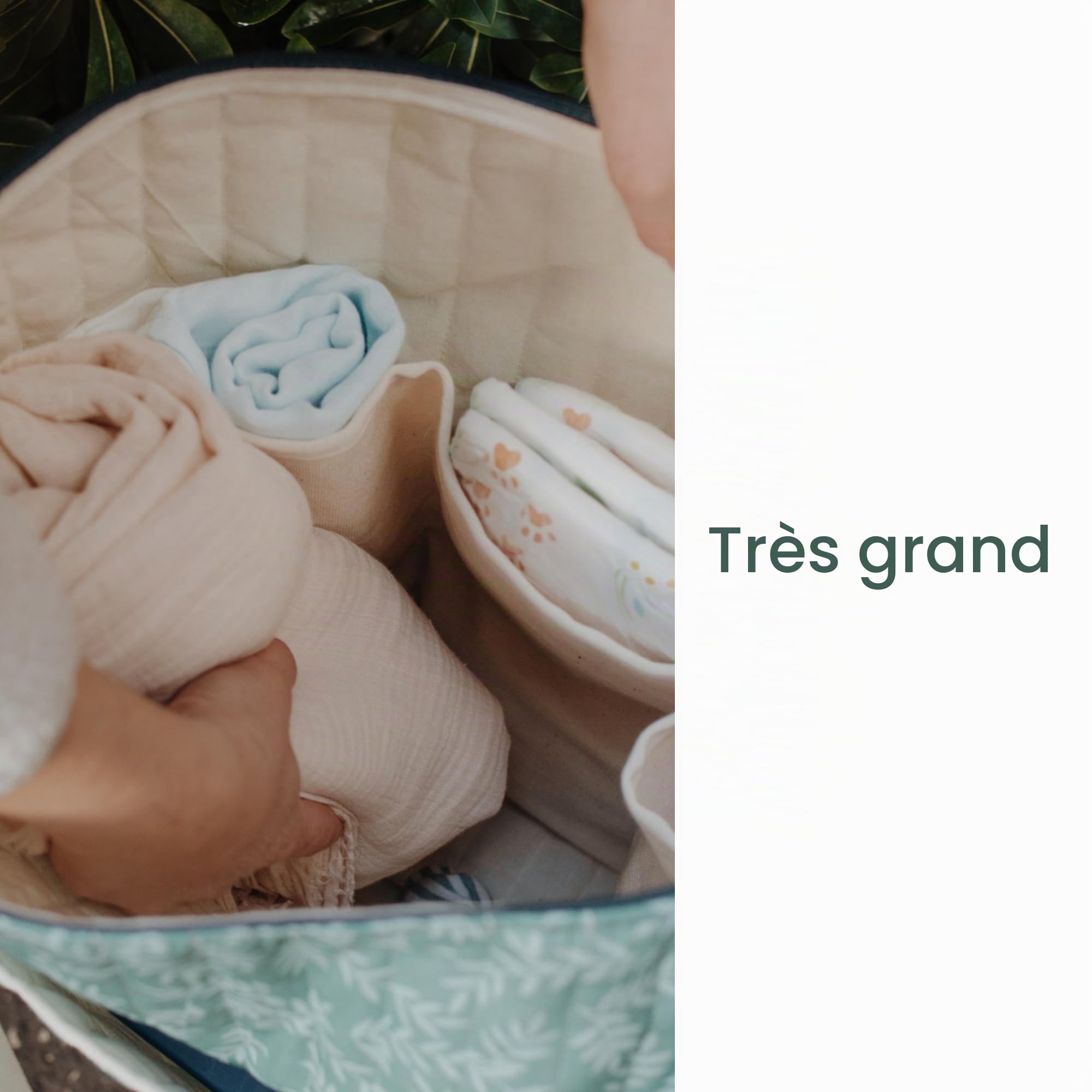 Sac à langer en coton matelassé grande capacité avec 3 poches, poignées en toile