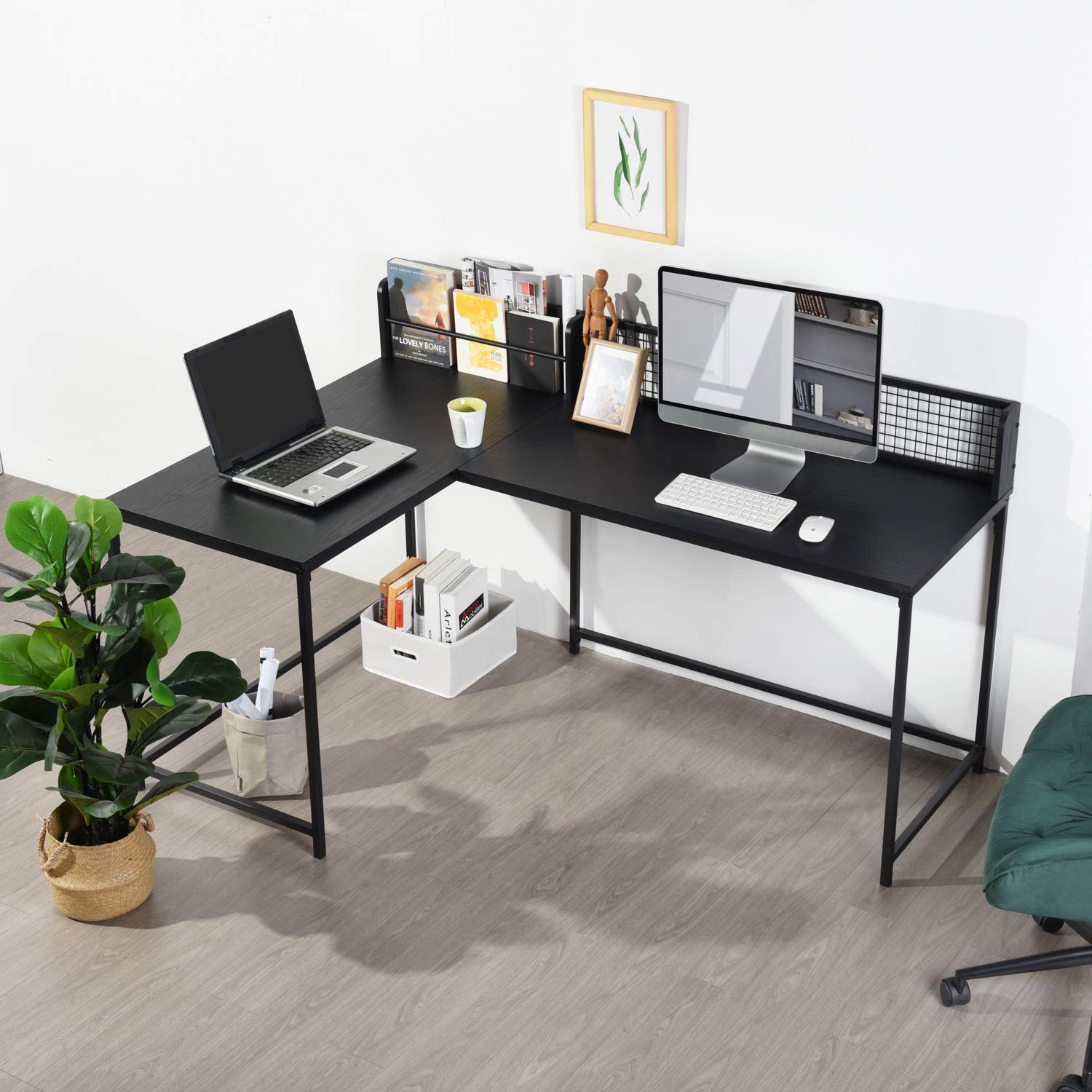 FurnitureR Escritorio esquinero en Forma de L, Mesa Industrial para computadora, Gran Superficie de Almacenamiento con Patas de Metal, estación de Trabajo para computadora, Escritorio de Estudio para