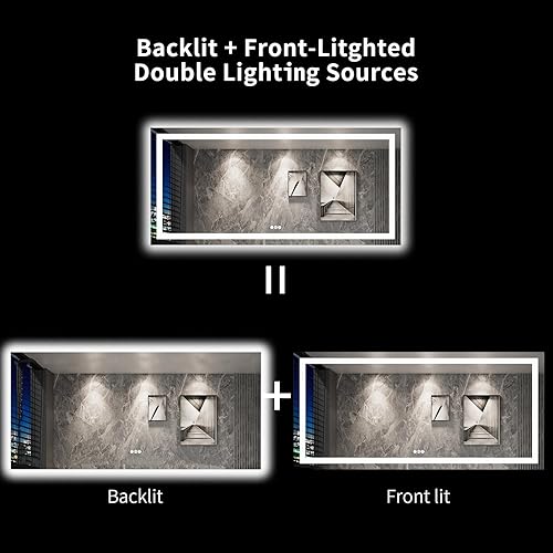 Miniatura 5 de LOAAO Espejo de baño LED de 84 x 40 pulgadas con luces, antiniebla, regulable, retroiluminado + iluminado frontal, espejo de tocador de baño