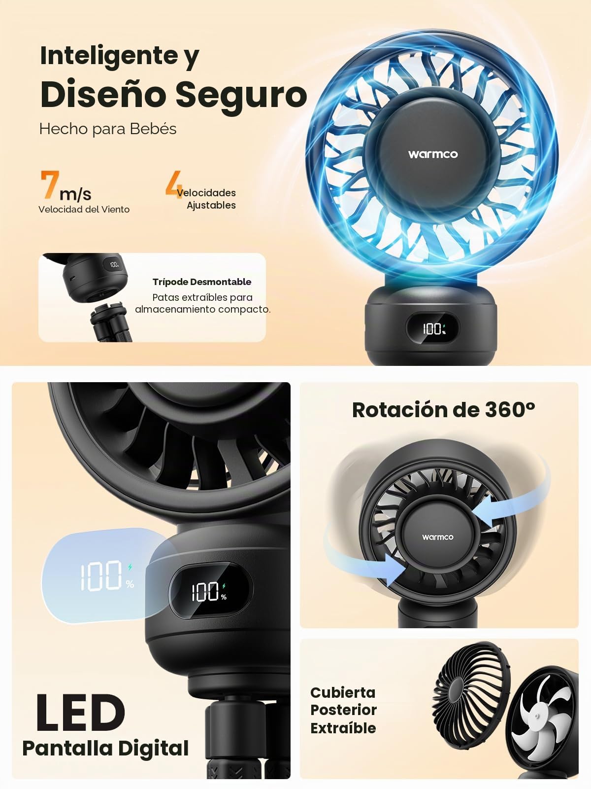Warmco Ventilador portátil para cochecito, ventilador de clip recargable de 4000 mAh con trípode flexible (hasta 15 horas), 4 velocidades, pantalla LED, rejilla desmontable, funcionamiento silencioso