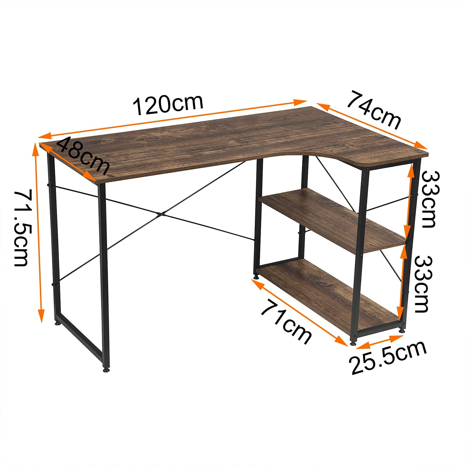 eSituro 120 cm Scrivania per Computer, Scrivania da ufficio ad Angolo, a L con Ripiani, Tavolo da Lavoro, Marrone, 120x74x71,5 cm