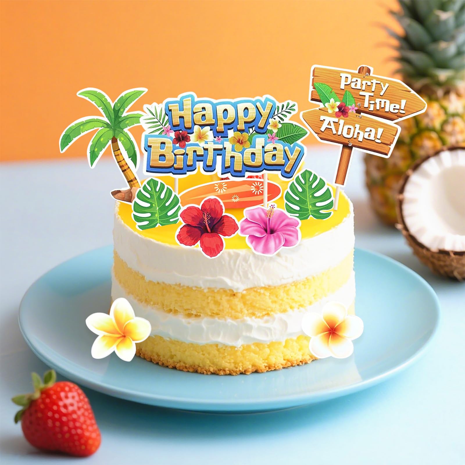 Topper Per Torta Hawaiano Tropicale Con Glitter - Decorazione Con Sole, Palma E Infradito - Tema Estate E Baby Shower - 1 Pezzo, Cartone Lucido Resistente