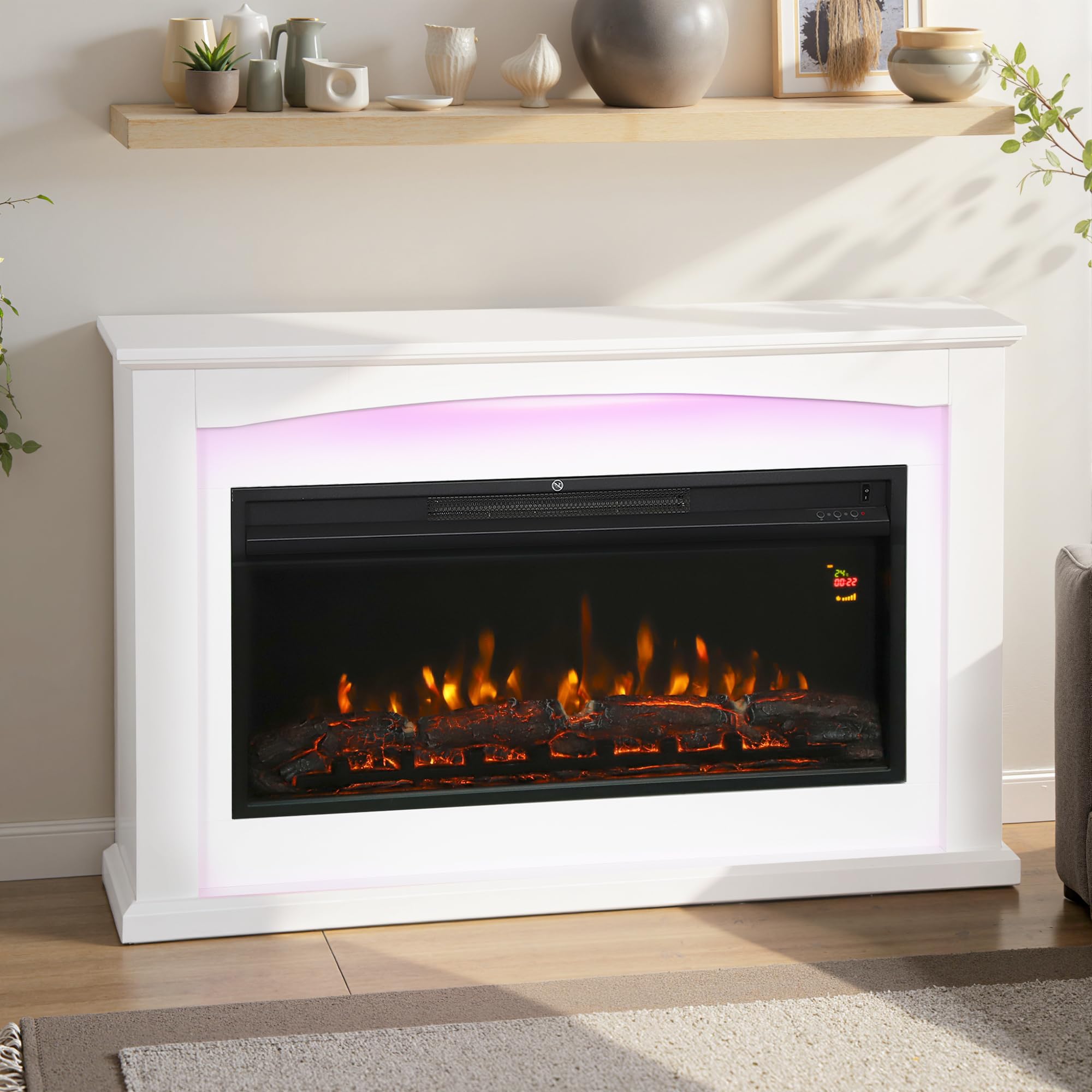 HOMCOM Caminetto elettrico 1000W/2000W, effetto fiamma con 5 luminosità regolabili, finto caminetto decorativo con mantello, termostato regolabile, telecomando, timer, fino a 30 m², bianco
