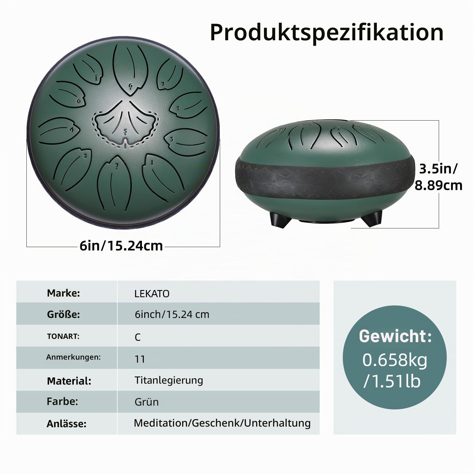LEKATO 6 Zoll Zungentrommel, 11 Töne in C-Tonart Steel Tongue Drum mit Songbuch, Tragetasche, Trommelschlägeln, Mini-Handpan-Trommel-Percussion für Meditation, Geistheilung, Grün