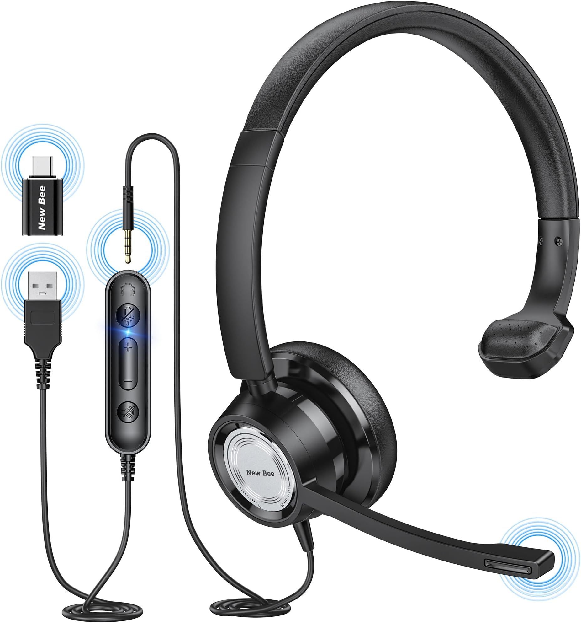 New Bee USB Headset with Microphone for PC Computer Headset, Single Ear Headset Noise Cancelling Mic, Call Center Wired Headset with 3.5mm/USB/Type C for Skype Zoom Tablet Laptop