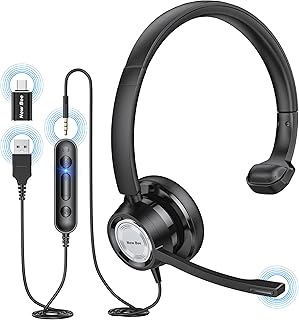 USB Headset with Microphone 3.5mm in-line Wired USB Headphones with Noise Cancelling Microphone, Computer Headset for Home Office Online Class Skype Zoom (USB C&USB A Plug&3.5MM Jack)