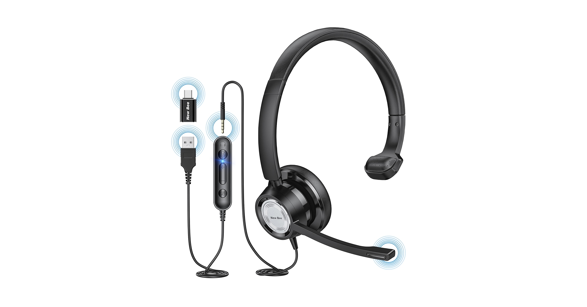 New Bee PC Headset With Icrophone USB/3.5 Business Headset Clear