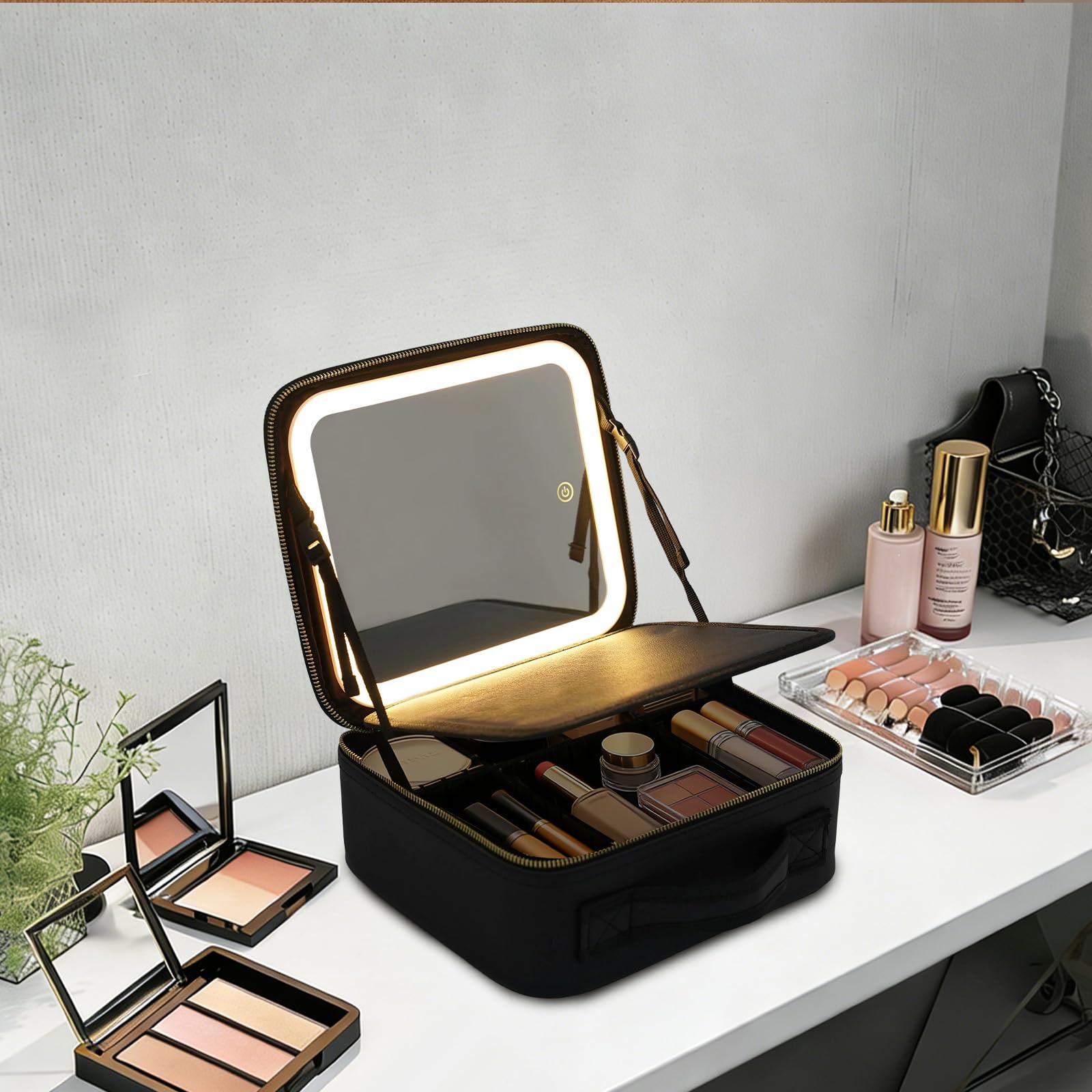 Reisekosmetiktasche mit beleuchtetem Spiegel, wasserdichte Makeup-Trainingsbox mit LED-Spiegel, Einstellbarer Helligkeit in 3 Farbszenarien, Verstellbaren Teiler, Geschenk für Frauen (Schwarz)