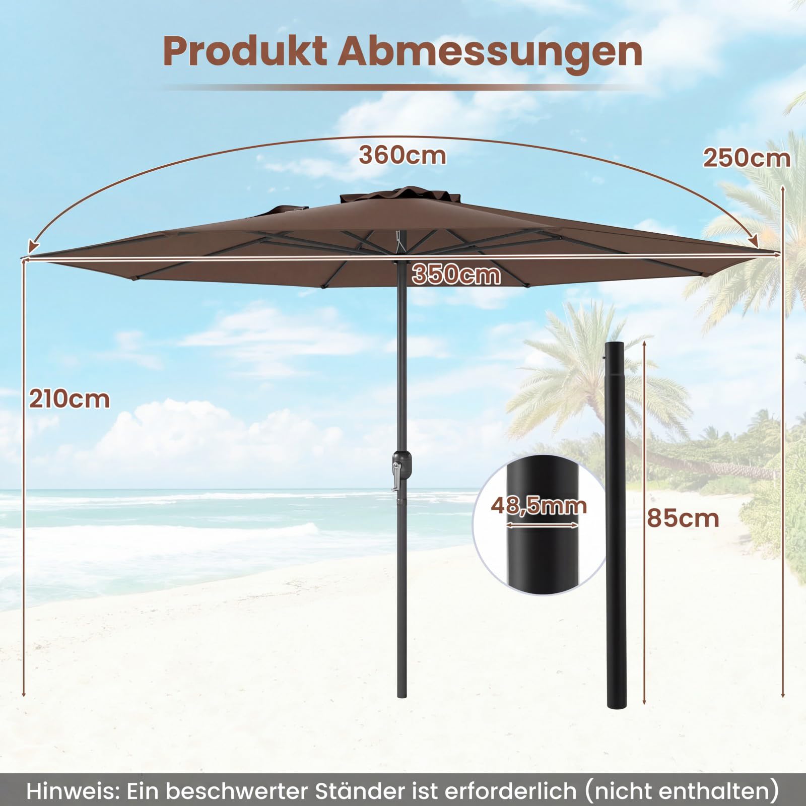 RELAX4LIFE Sonnenschirm 350 cm, großer Gartenschirm mit Kurbel, Terrassenschirm mit 8 Rippen, Balkonschirm UV Schutz, Marktschirm wasserabweisend, Kurbelschirm für Garten, Terrasse, Pool (Braun)