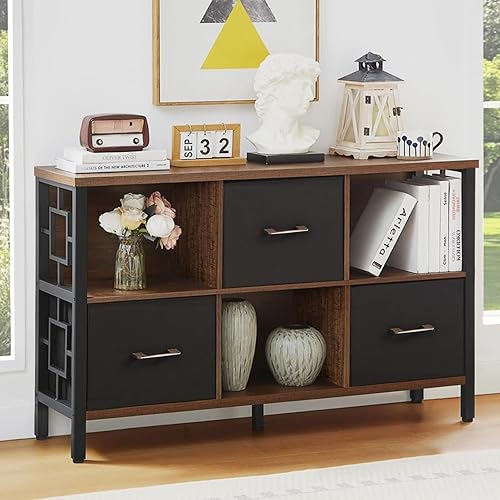 HOMISSUE Estante organizador de almacenamiento de 6 cubos, estantería rústica corta con 3 contenedores de almacenamiento, estantería horizontal