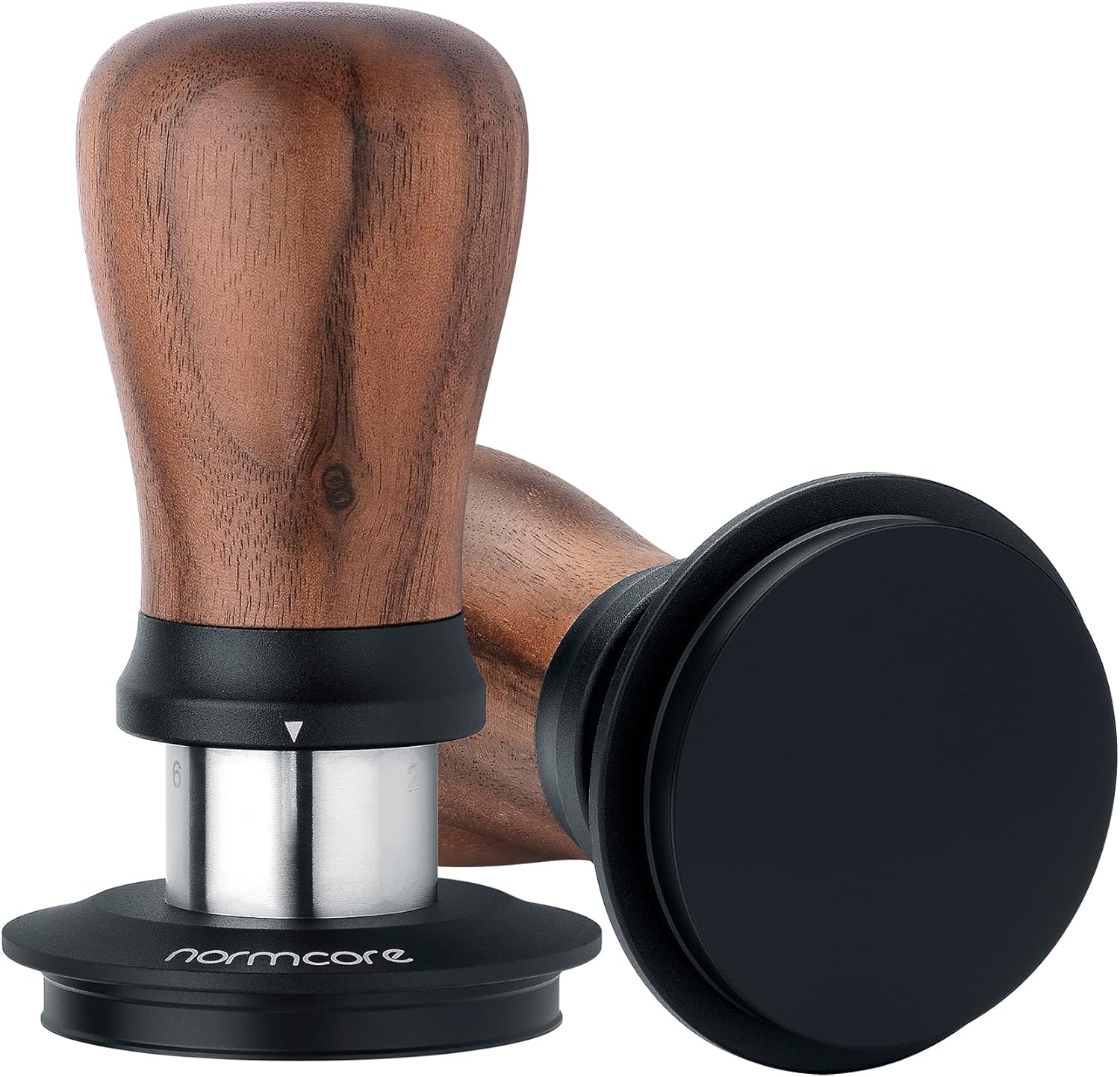 Normcore 51mm Coffee Tamper V5, Spring-loaded Espresso Tamper with 6 Adjustable Pressure Settings, Tri-Spring Technology, Titanium-Coated Flat Base, Walnut Handle and Silcone Stand, Black
